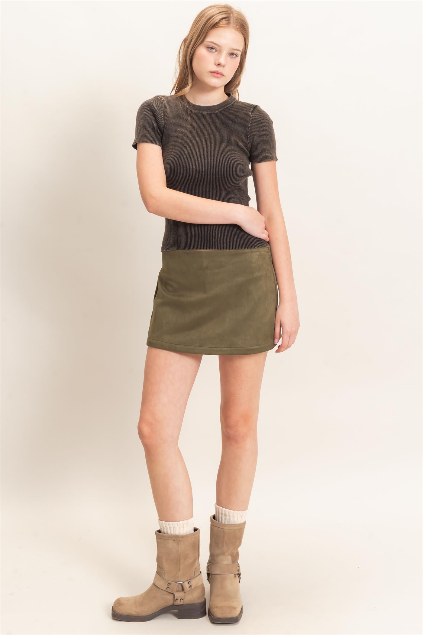 Wholesale Faux Suede Skort Skorts HF26F220 OLIVE HYFVE