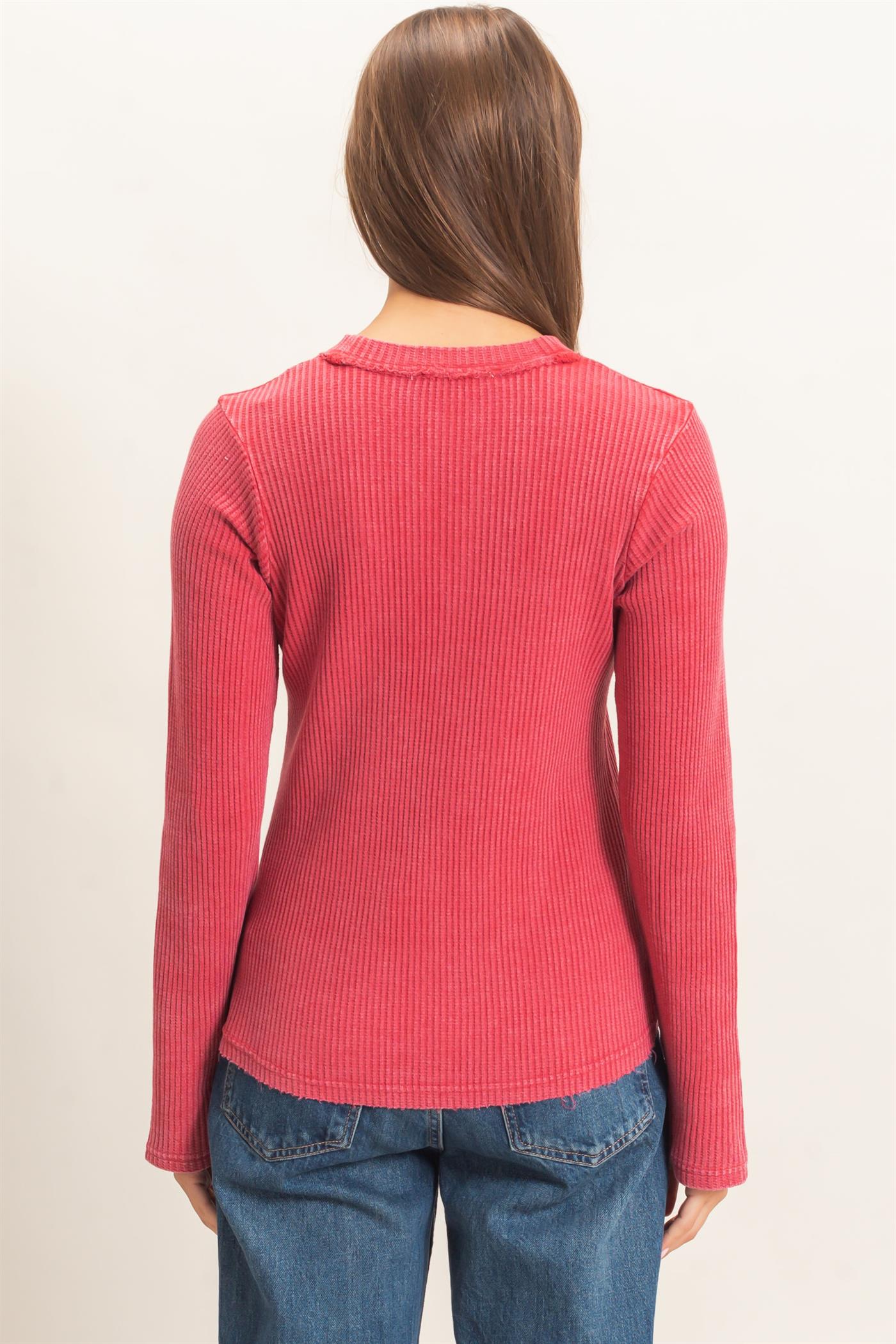 Wholesale Mineral Wash Waffle Henley Long Sleeve Top Clothing Tops DZ26E243 DARK RED DOUBLE ZERO
