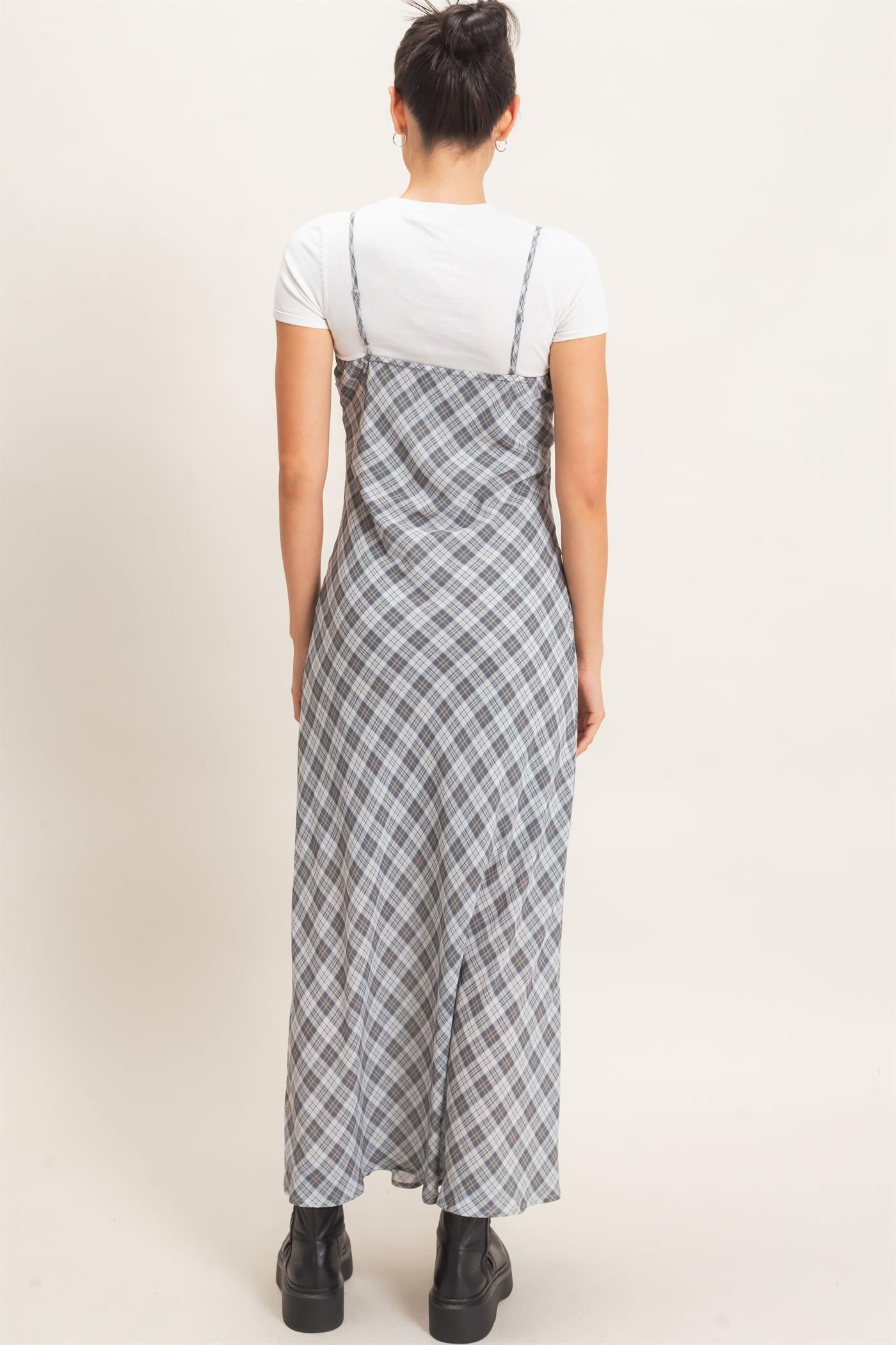 Wholesale Plaid Spaghetti Strap Maxi Dress Dresses HF26E573 GRAY HYFVE