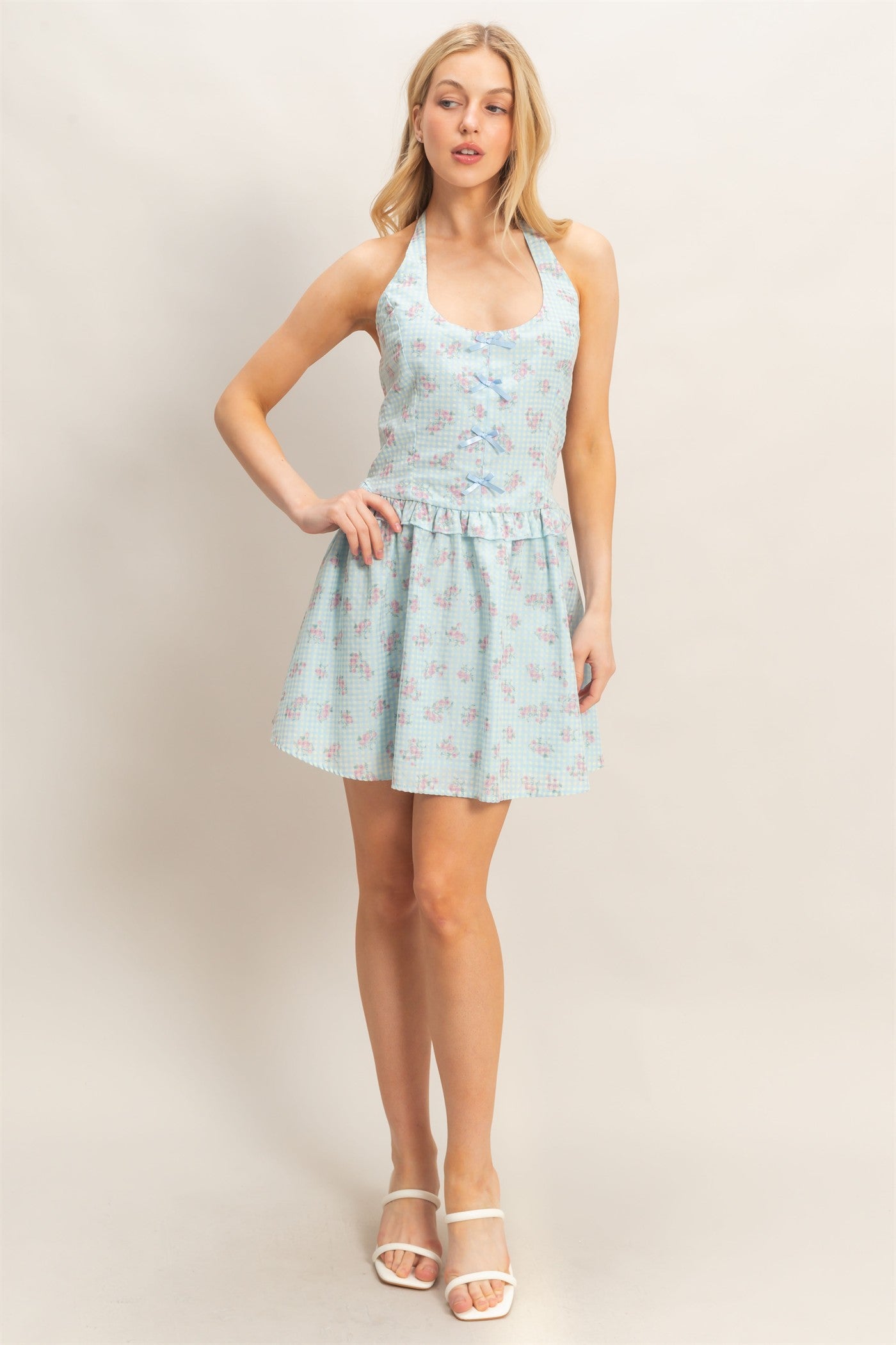 Wholesale Floral Seersucker Halter Dress Dresses HF26A189 BLUE HYFVE