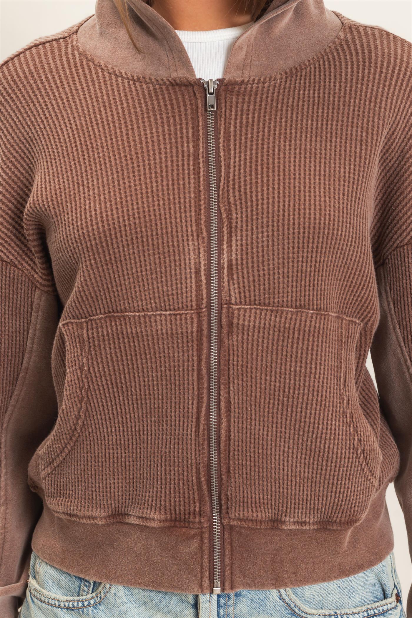 Wholesale Acid Wash Waffle Knit Zip-Up Hoodie Hoodies DZ26E401 DARK BROWN DOUBLE ZERO