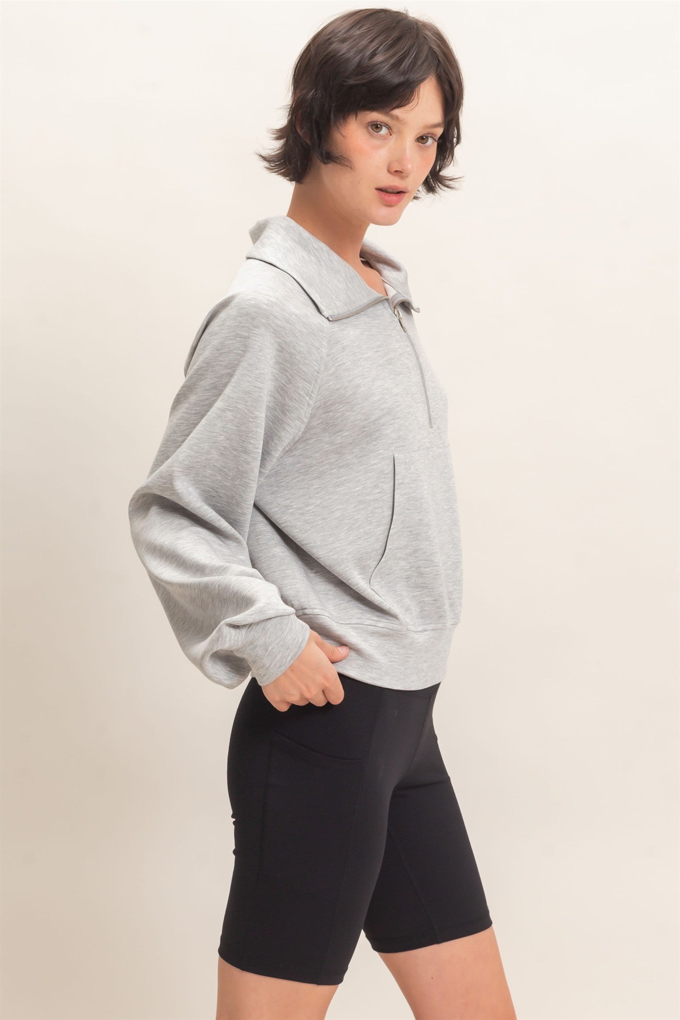 Wholesale Half-Zip Collar Raglan Pullover Sweatshirts DZ26C967 HEATHER GRAY DOUBLE ZERO