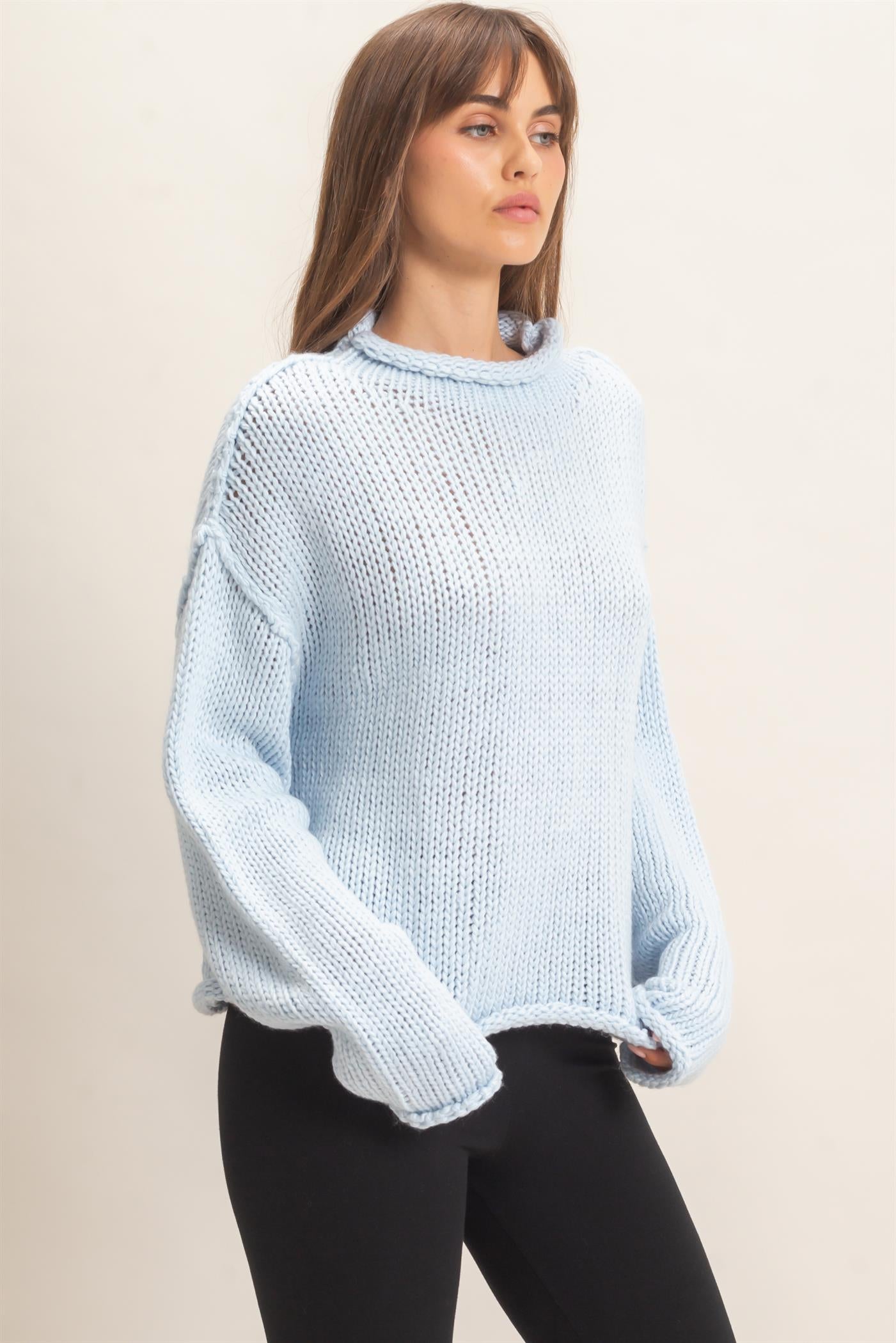Wholesale Rolled Collar Loose Knit Sweater Sweaters HF26C859 LIGHT BLUE HYFVE