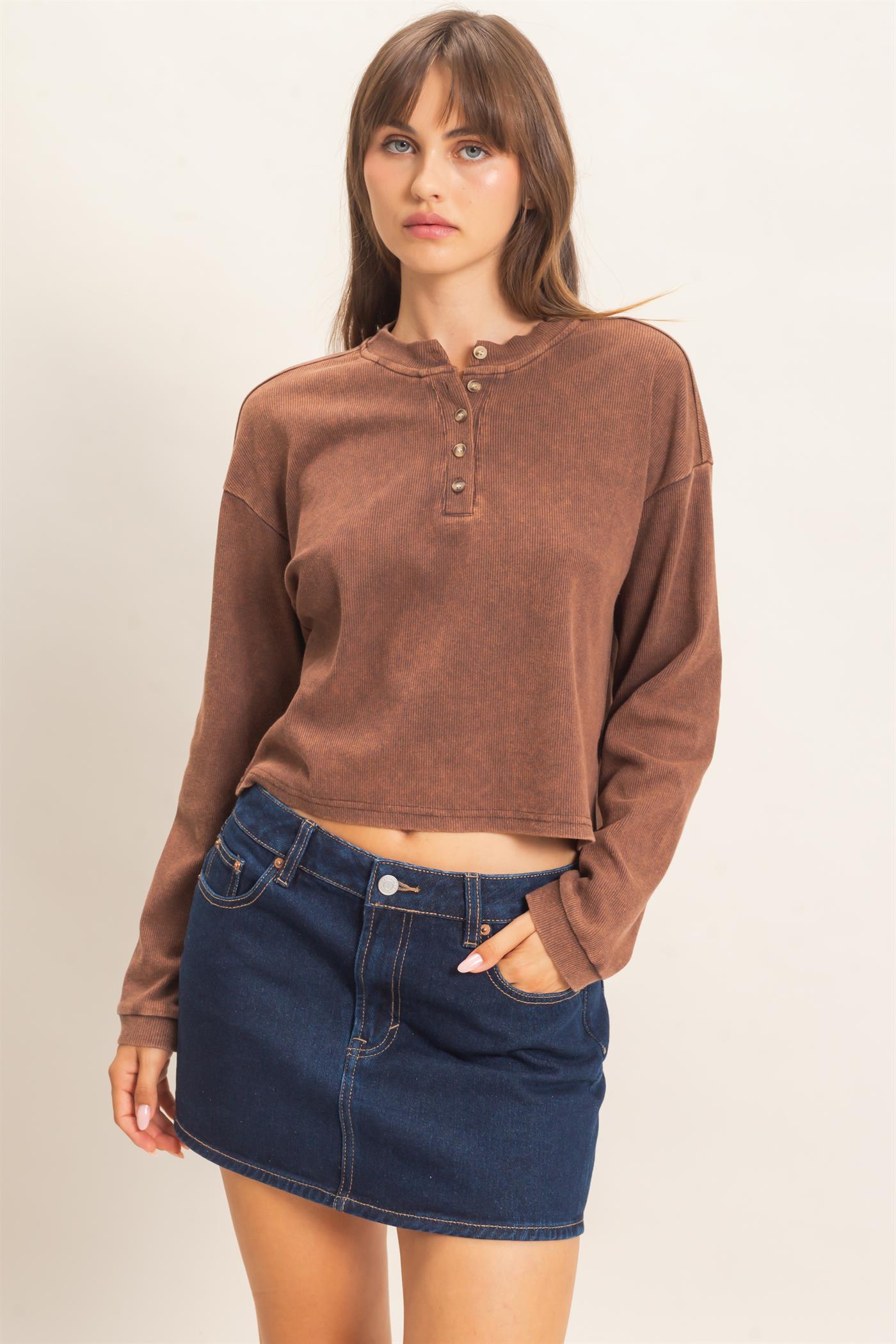 Wholesale Buttoned Henley Top Clothing Tops HF26F081 BROWN HYFVE
