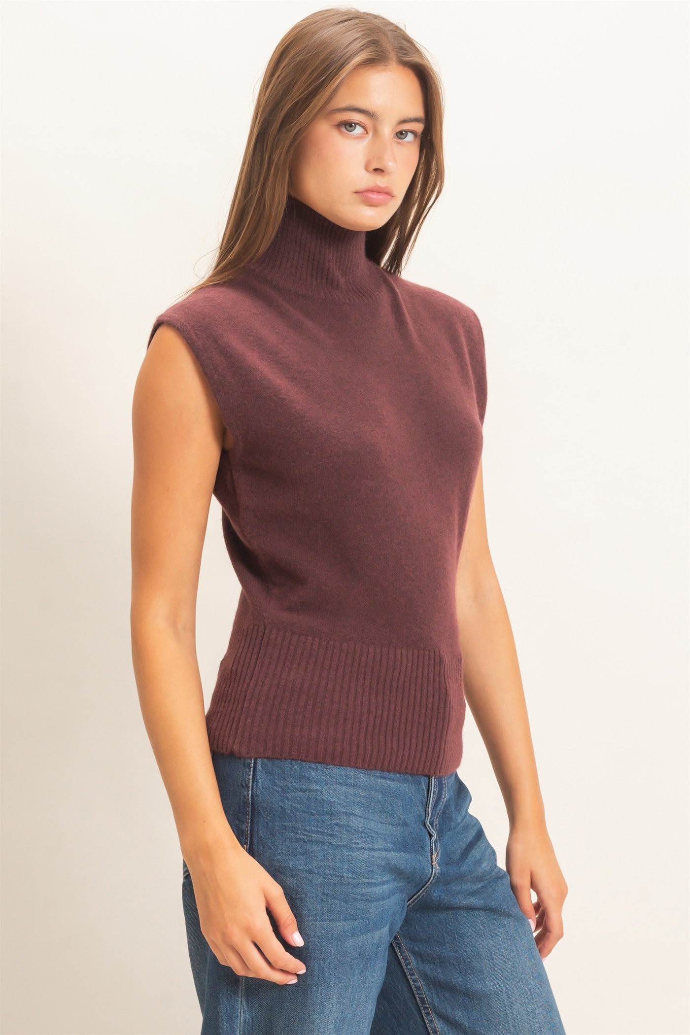 Wholesale Sleeveless High Neck Knit Top Clothing Tops DZ26E946 CHESTNUT DOUBLE ZERO
