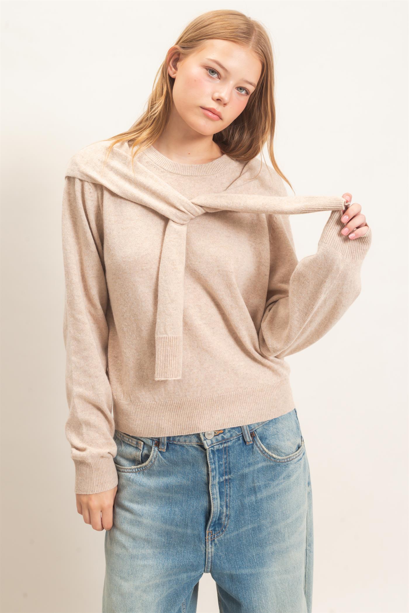 Wholesale Crew Neck Sweater With Faux Wrap Sweaters HF26E698 BEIGE HYFVE