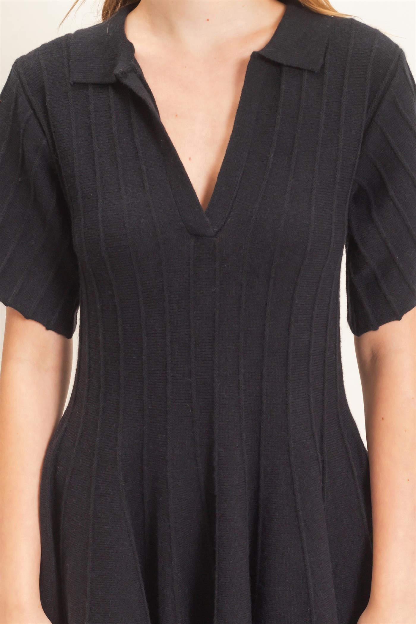 Wholesale Ribbed Knit Collared Dress Dresses HF26E365 BLACK HYFVE