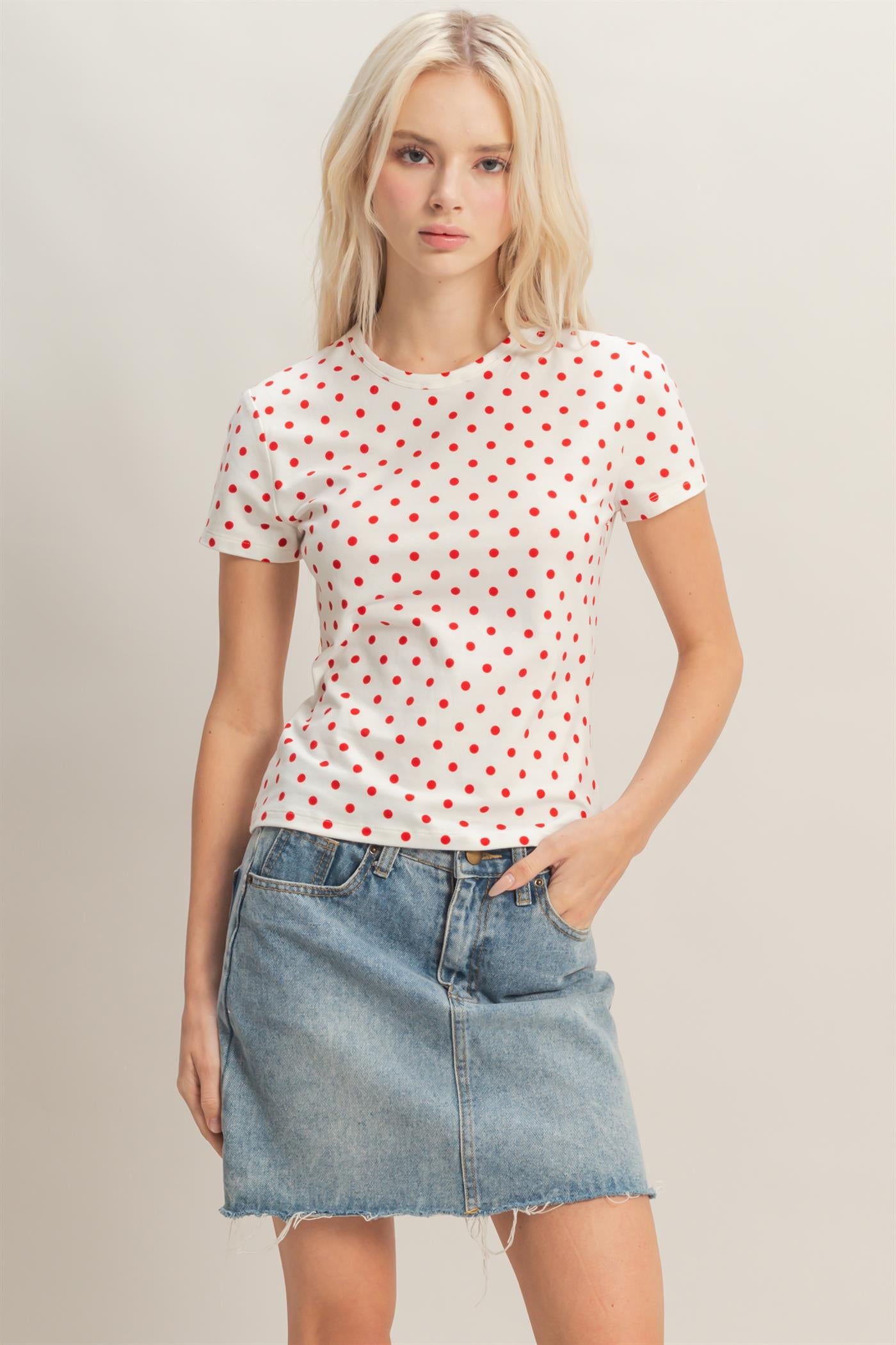Wholesale Polka Dot Short Sleeve Crew Neck Top Clothing Tops DZ26C383 RED DOUBLE ZERO