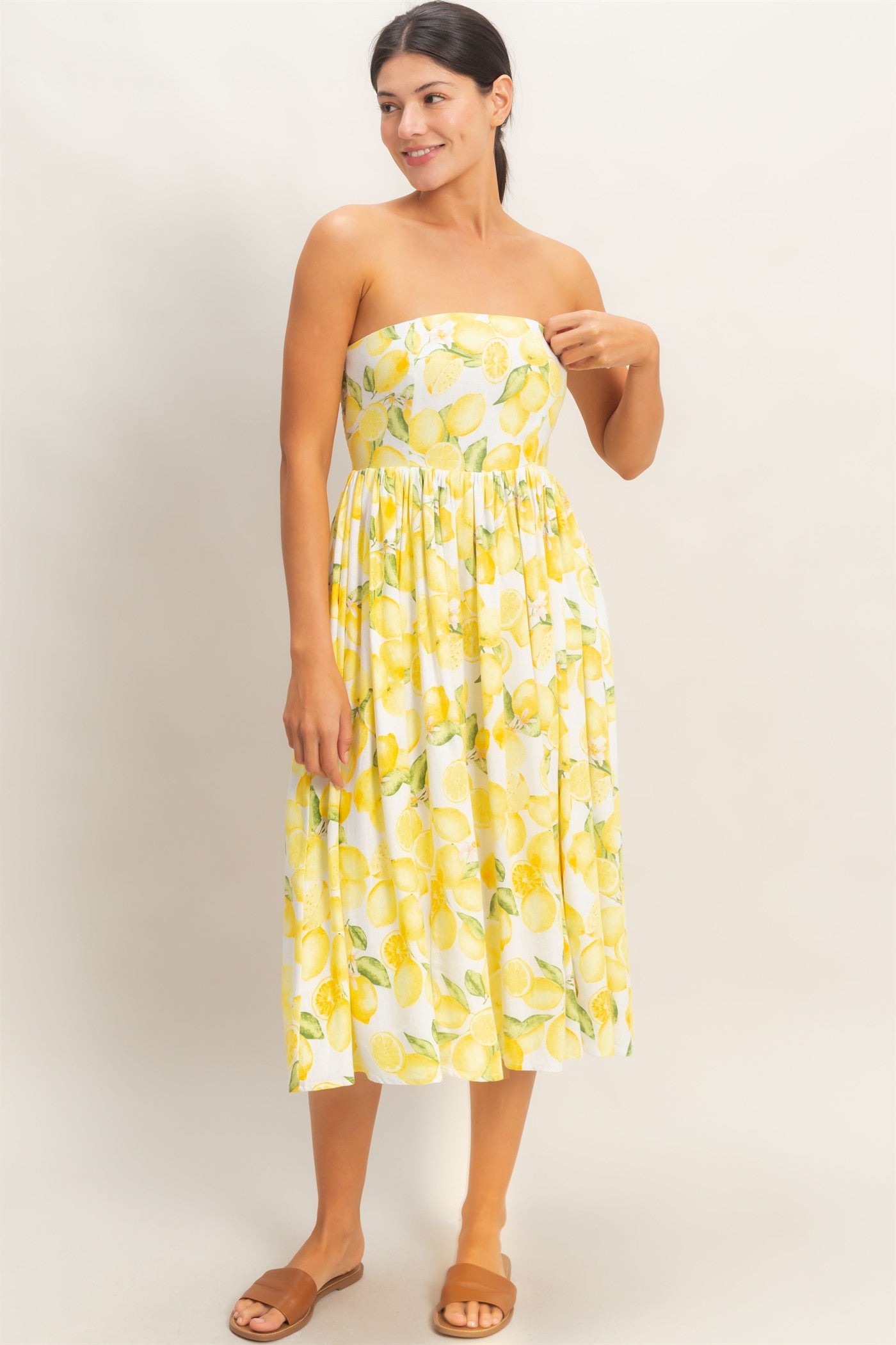 Wholesale Strapless Lemon-Print Midi Dress Dresses HF26C880 LEMON HYFVE