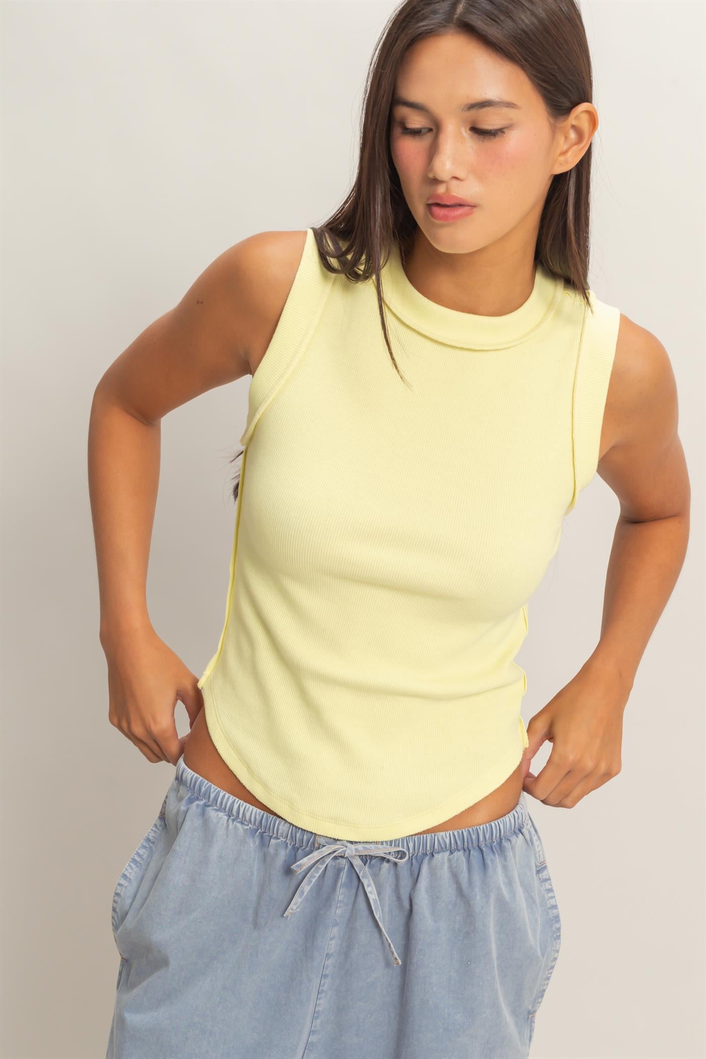 Wholesale Seam Detail Tank Top Tank Tops DZ26A369 PALE YELLOW DOUBLE ZERO