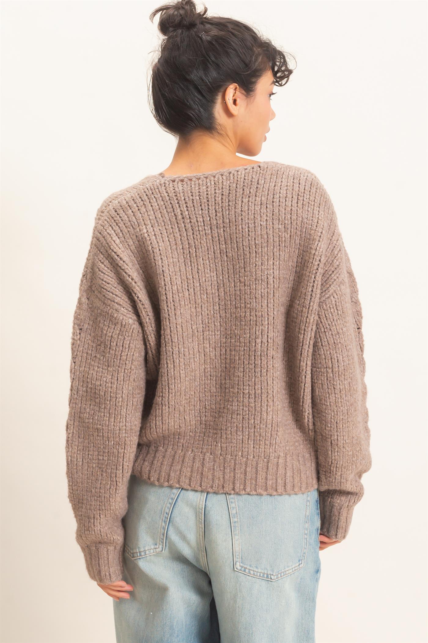 Wholesale Cable Knit V-Neck Sweater Sweaters DZ26E107 DUSTY BROWN DOUBLE ZERO