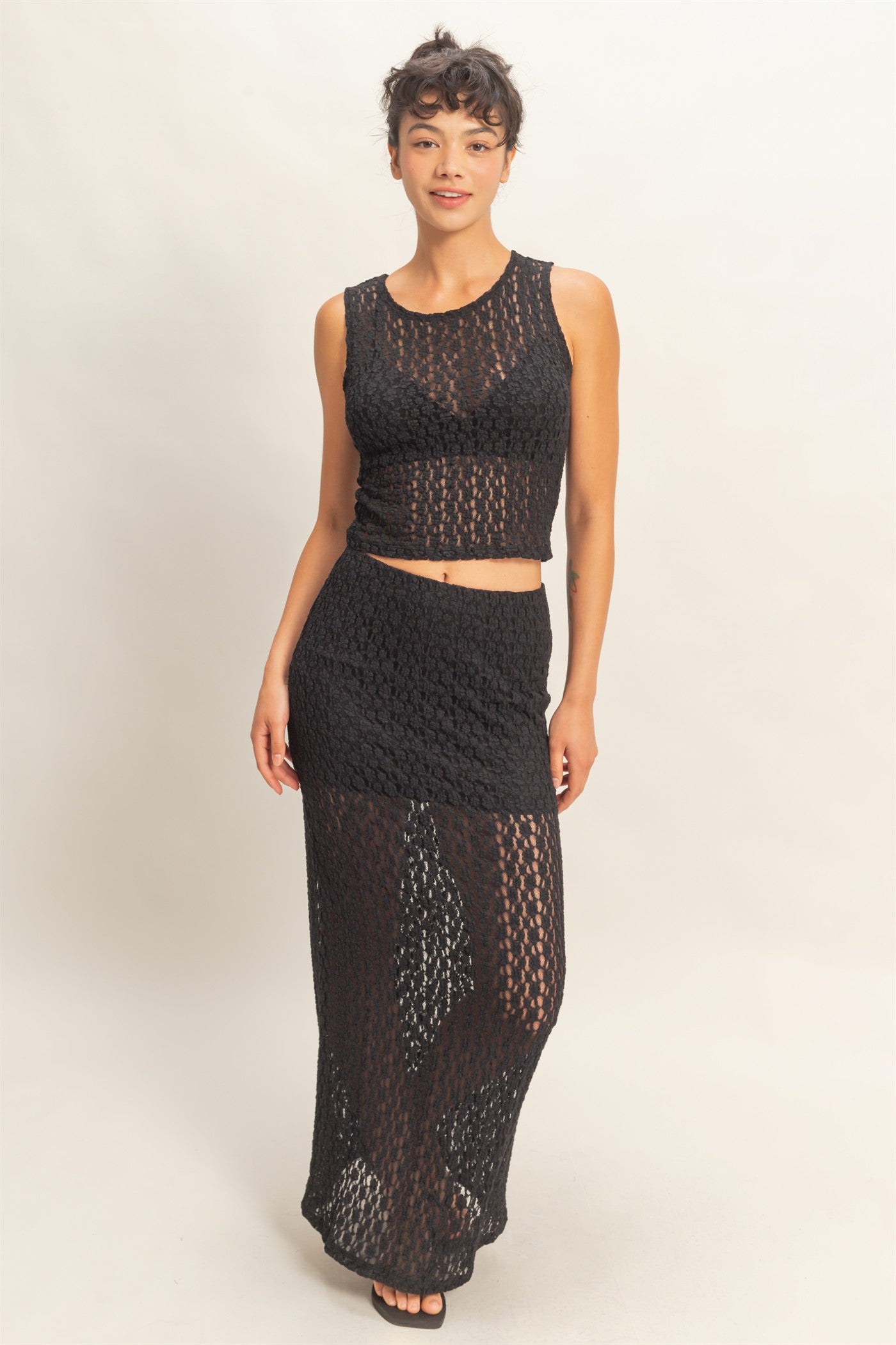 Wholesale Round Neck Lace Top & Lace Maxi Skirt Set Clothing DZ26C670-SET BLACK DOUBLE ZERO