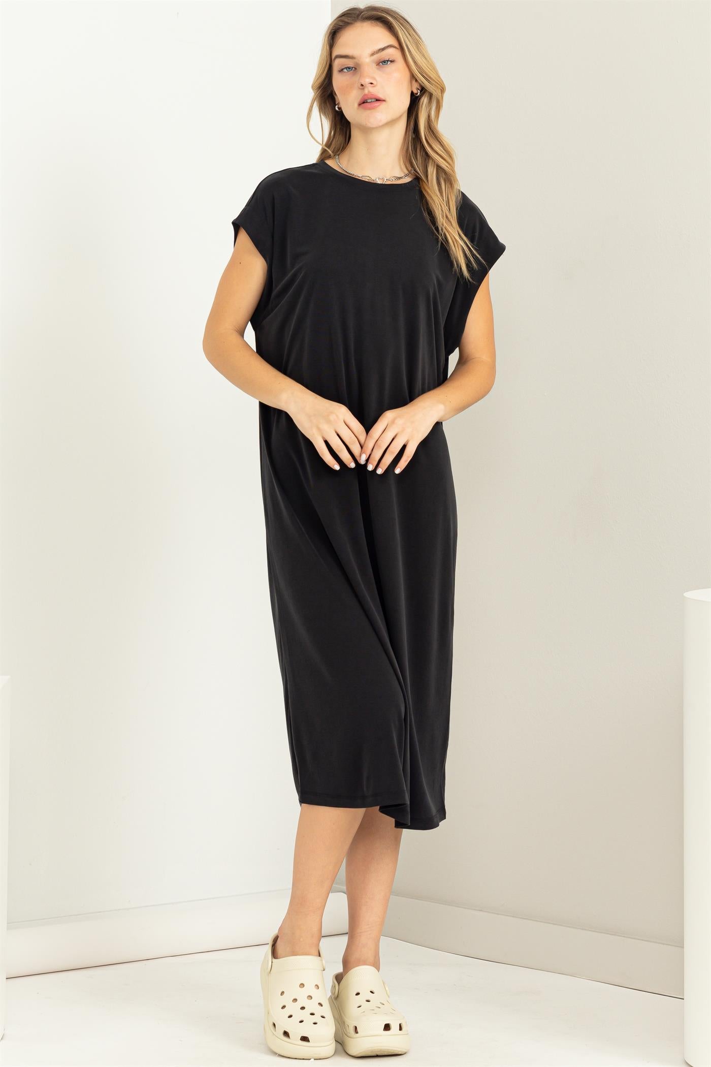 Wholesale Lazy Day Dolman Short Sleeves Midi Dress Dresses DZ23A795 BLACK DOUBLE ZERO