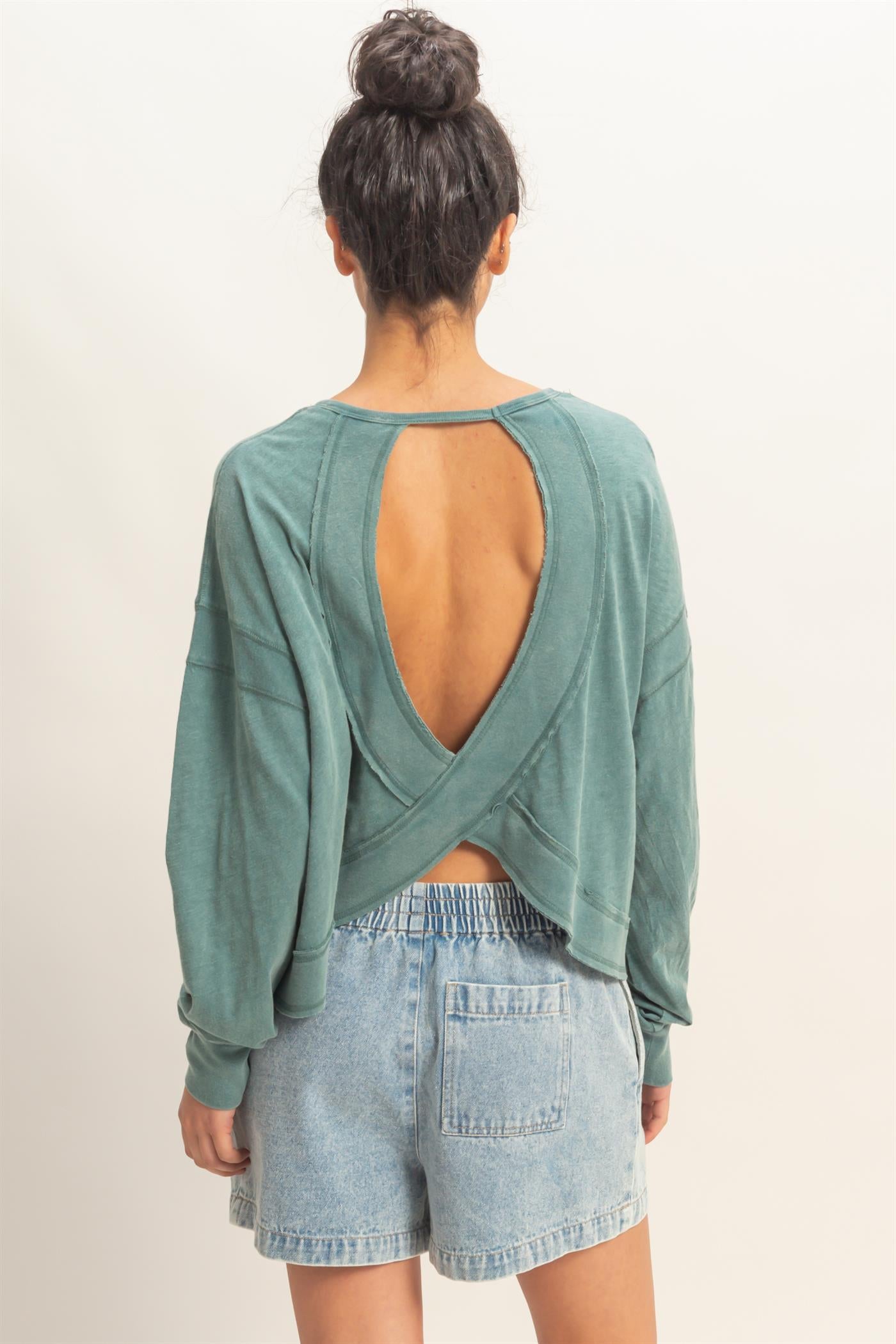 Wholesale Cross Detail Open Back Long-Sleeve Top Clothing Tops DZ26C731 DARK TEAL DOUBLE ZERO