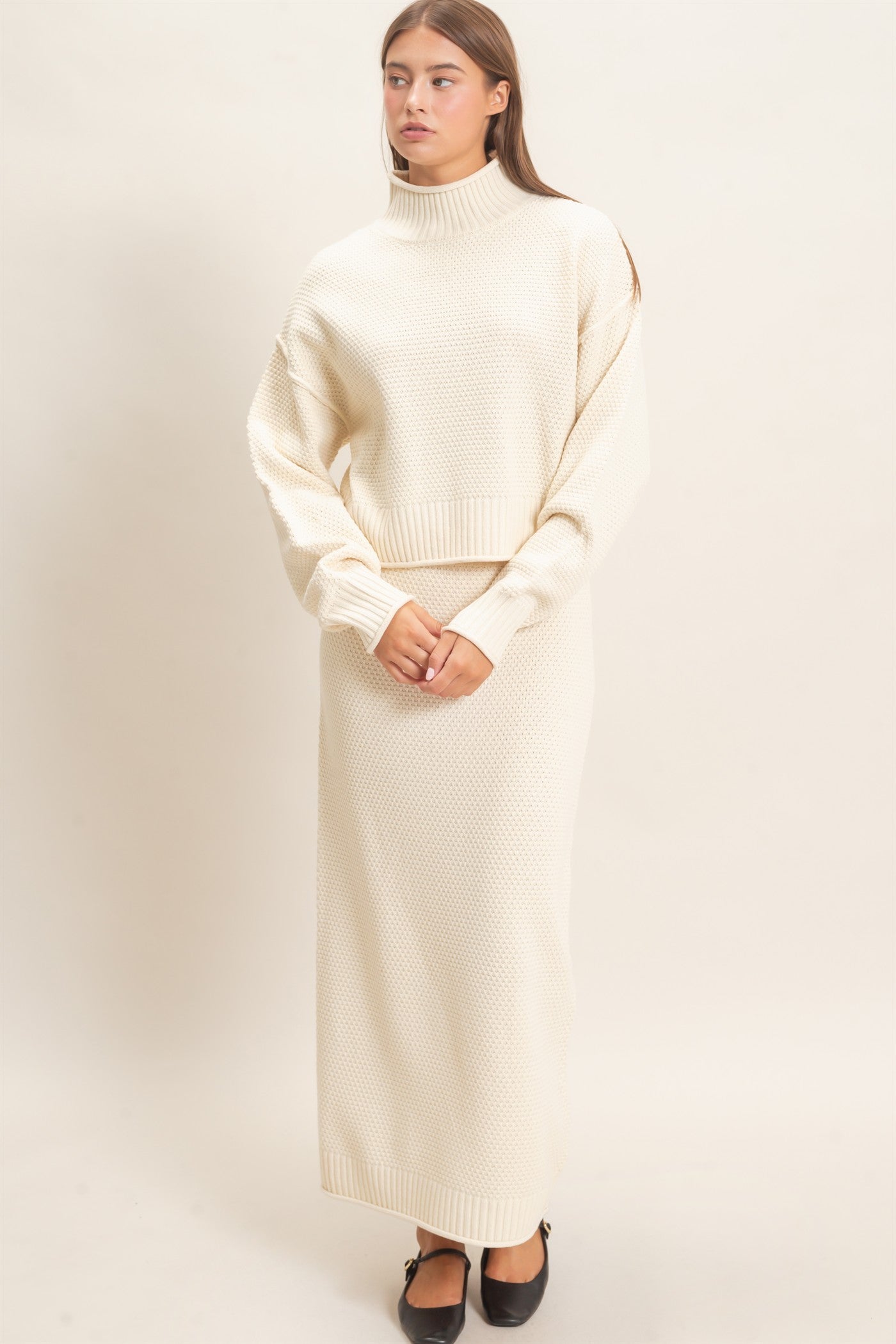 Wholesale High Neck Long Sleeve Top & Maxi Skirt Set Clothing DZ26E272-SET CREAM DOUBLE ZERO