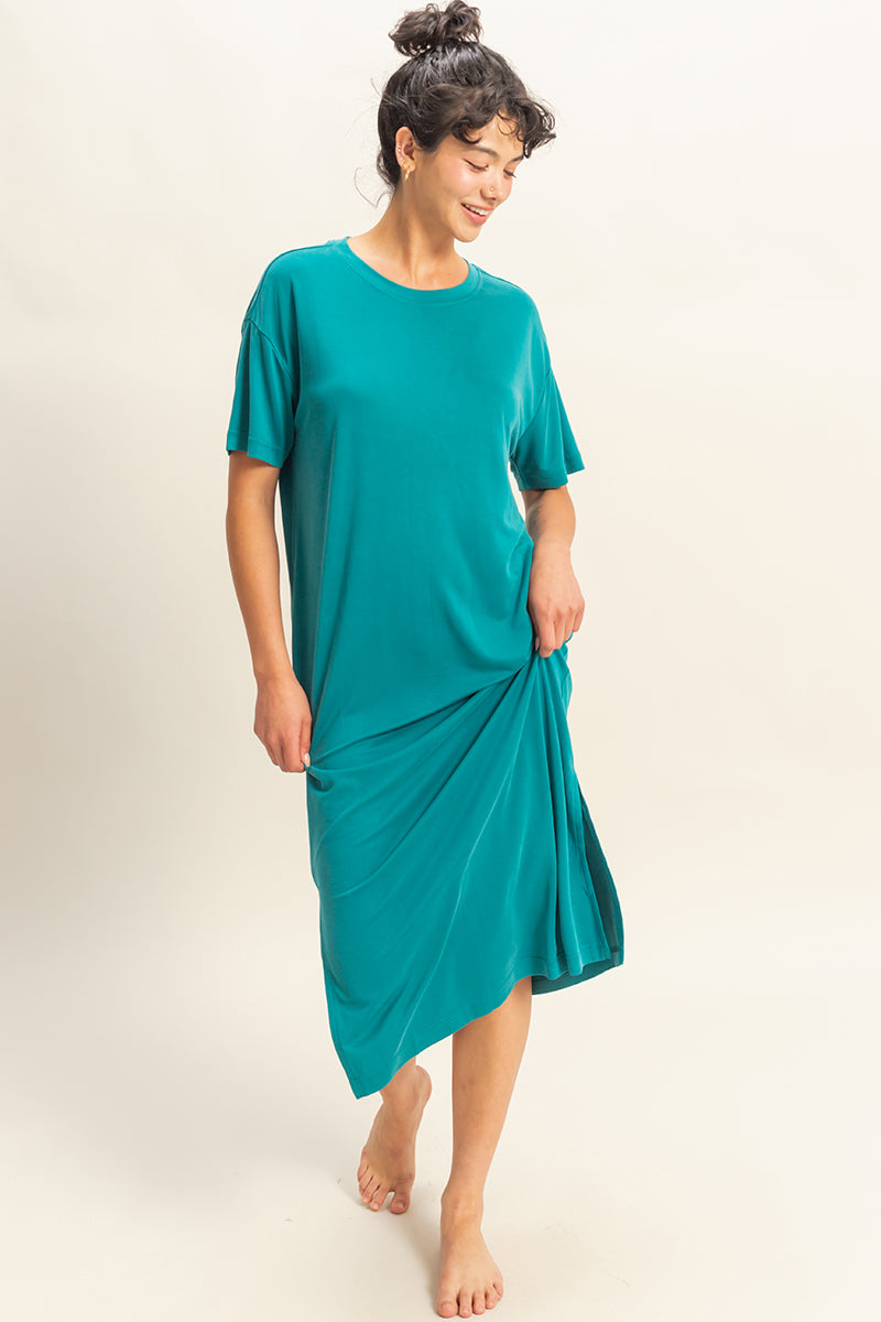 Wholesale Side Slit T-Shirt Midi Dress Dresses DZ23A961 TEAL DOUBLE ZERO
