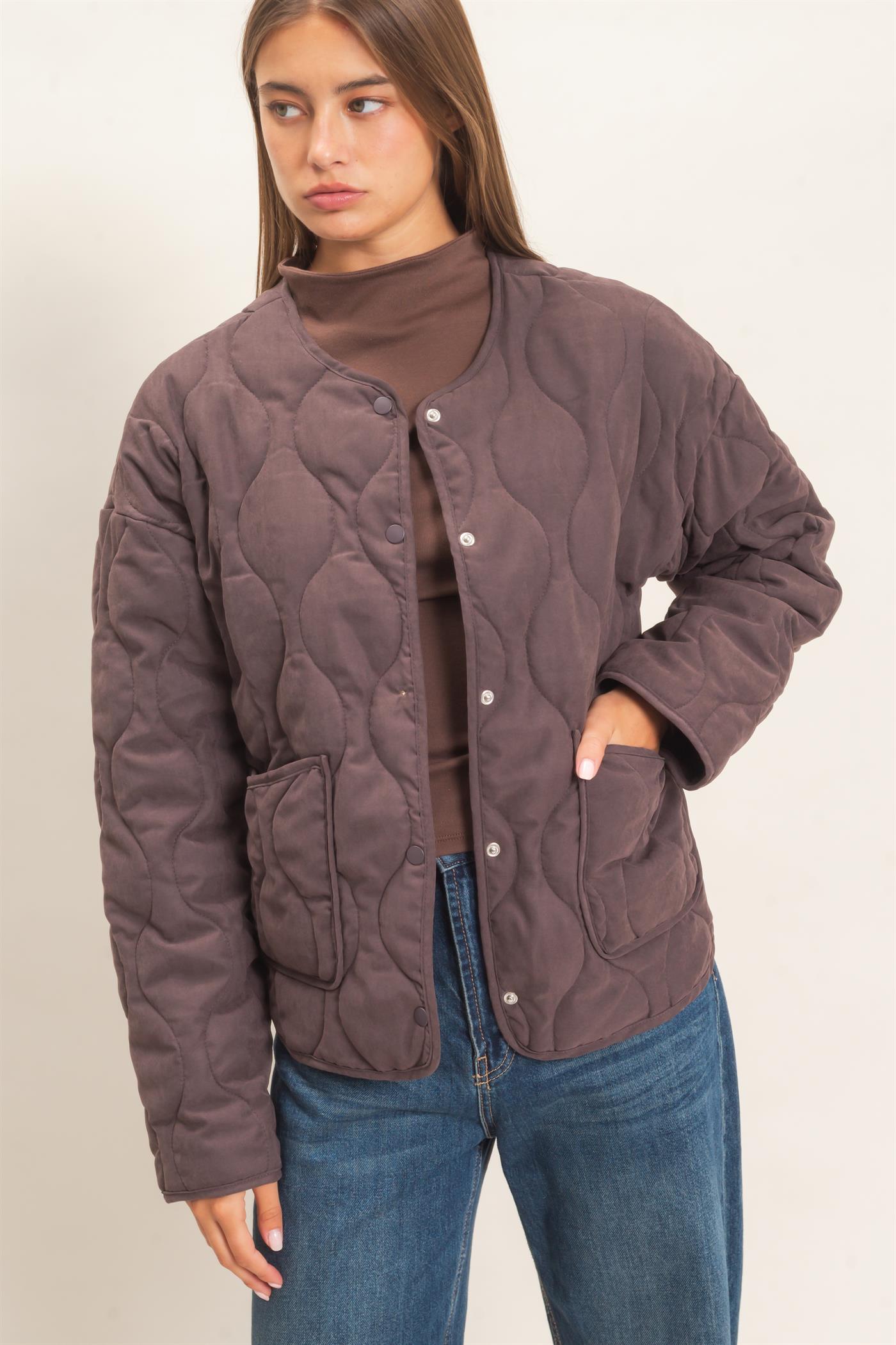 Wholesale Quilted Button Front Jacket Coats & Jackets DZ26F254 DARK BROWN DOUBLE ZERO