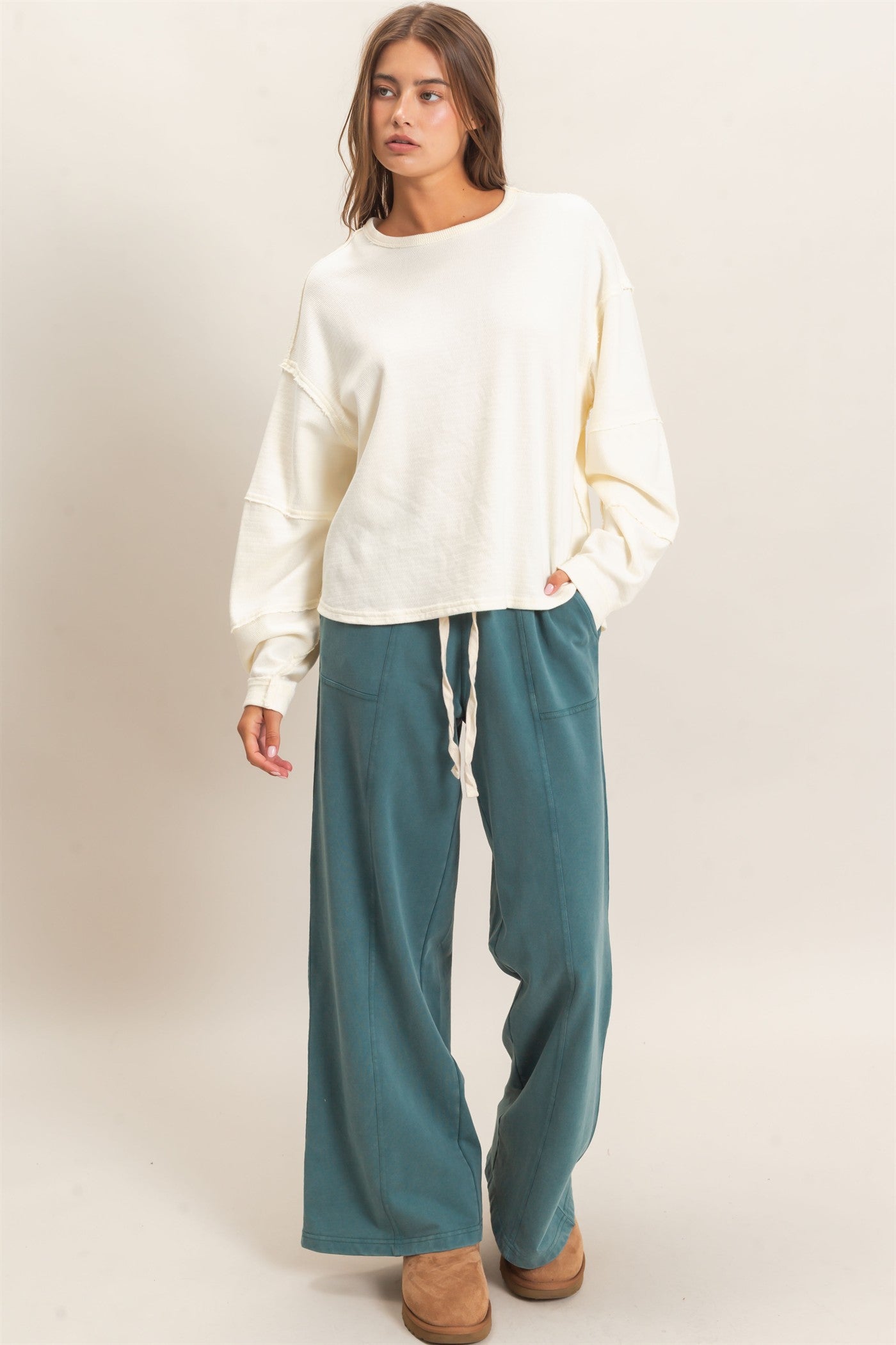 Wholesale Mineral Wash Overzised Raw Edge Crew Neck Top Clothing Tops DZ26E449 CREAM DOUBLE ZERO