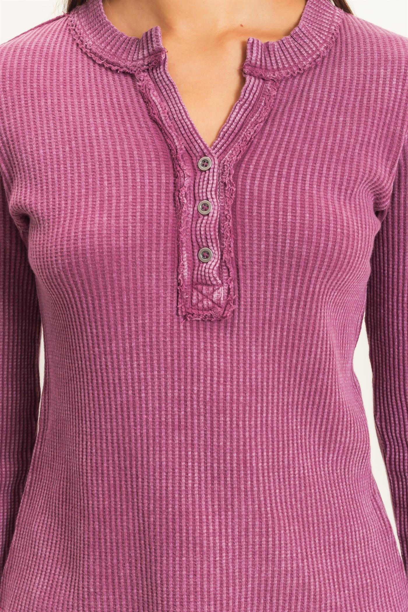 Wholesale Mineral Wash Waffle Henley Long Sleeve Top Clothing Tops DZ26E243 DARK CHERRY DOUBLE ZERO