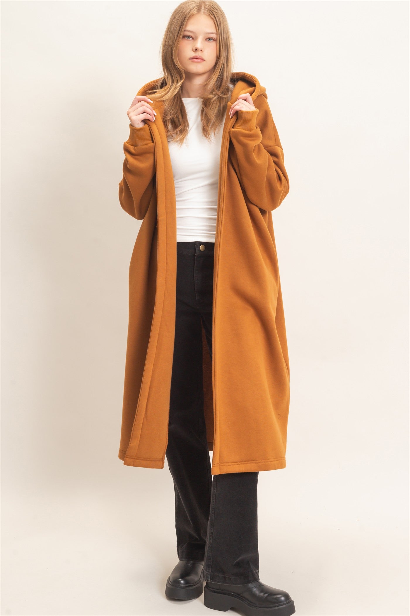 Wholesale Oversized Hooded Open Front Coat Coats & Jackets HF26F142-D CAMEL HYFVE