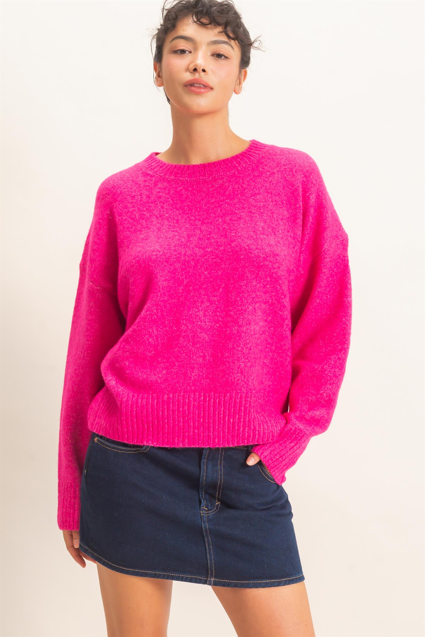 Wholesale Relaxed Fit Crew Neck Sweater Sweaters DZ26E956 FUCHSIA DOUBLE ZERO
