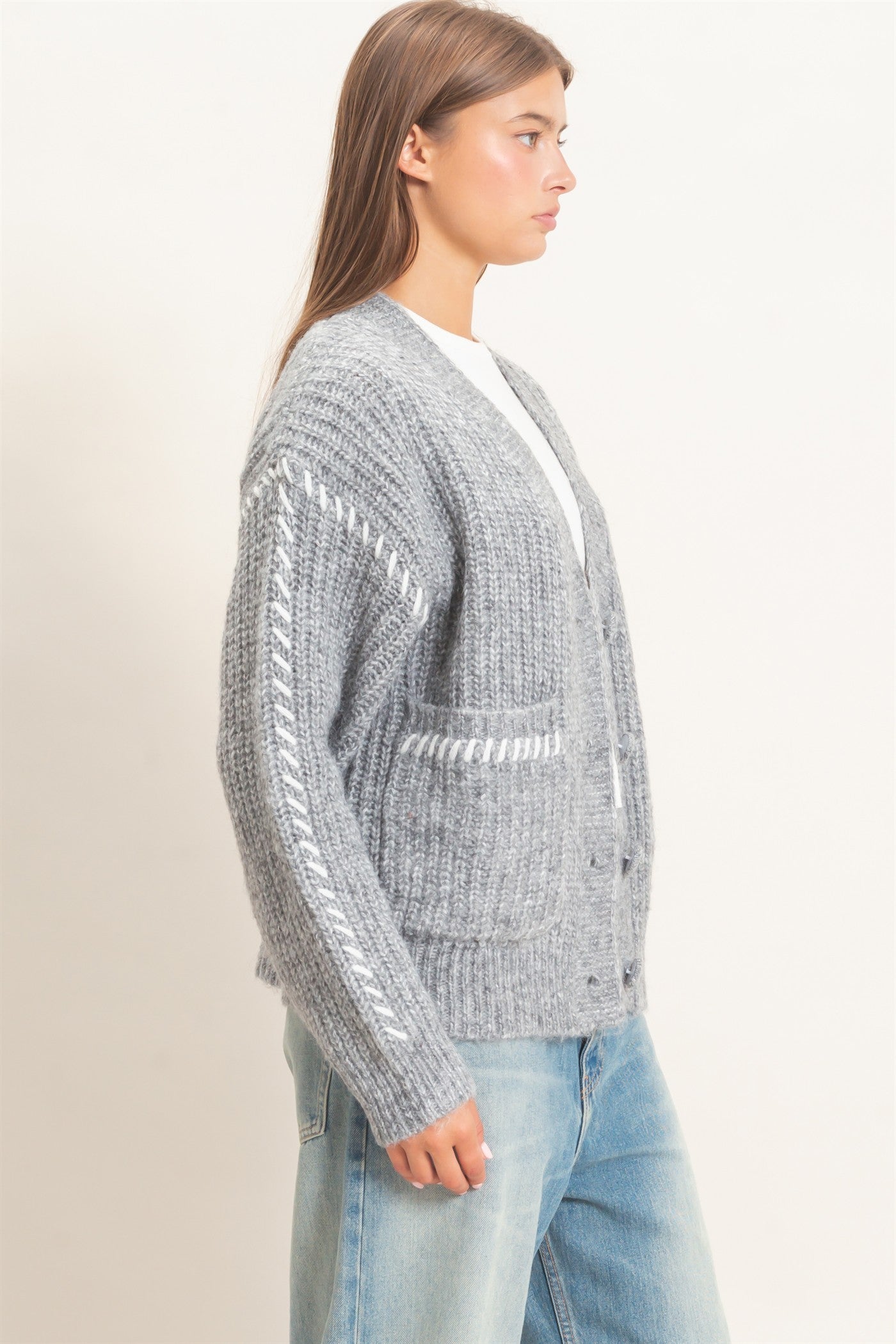 Wholesale Blanket Stitch Oversized Sweater Cardigan Cardigans DZ26E296 HEATHER GRAY DOUBLE ZERO