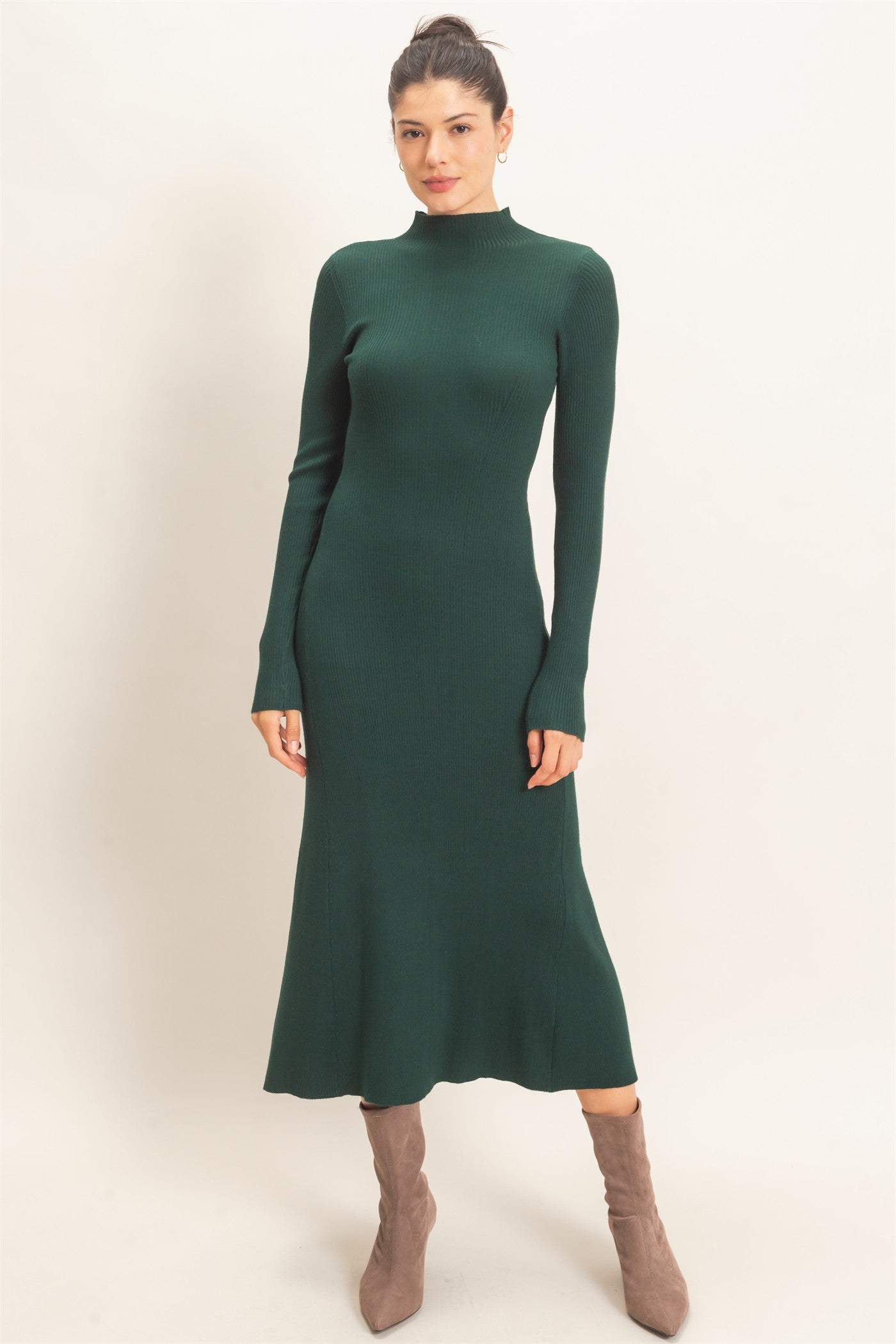 Wholesale Ribbed Mock Neck Long Sleeve Midi Dress Dresses HF26F156-D H.GREEN HYFVE