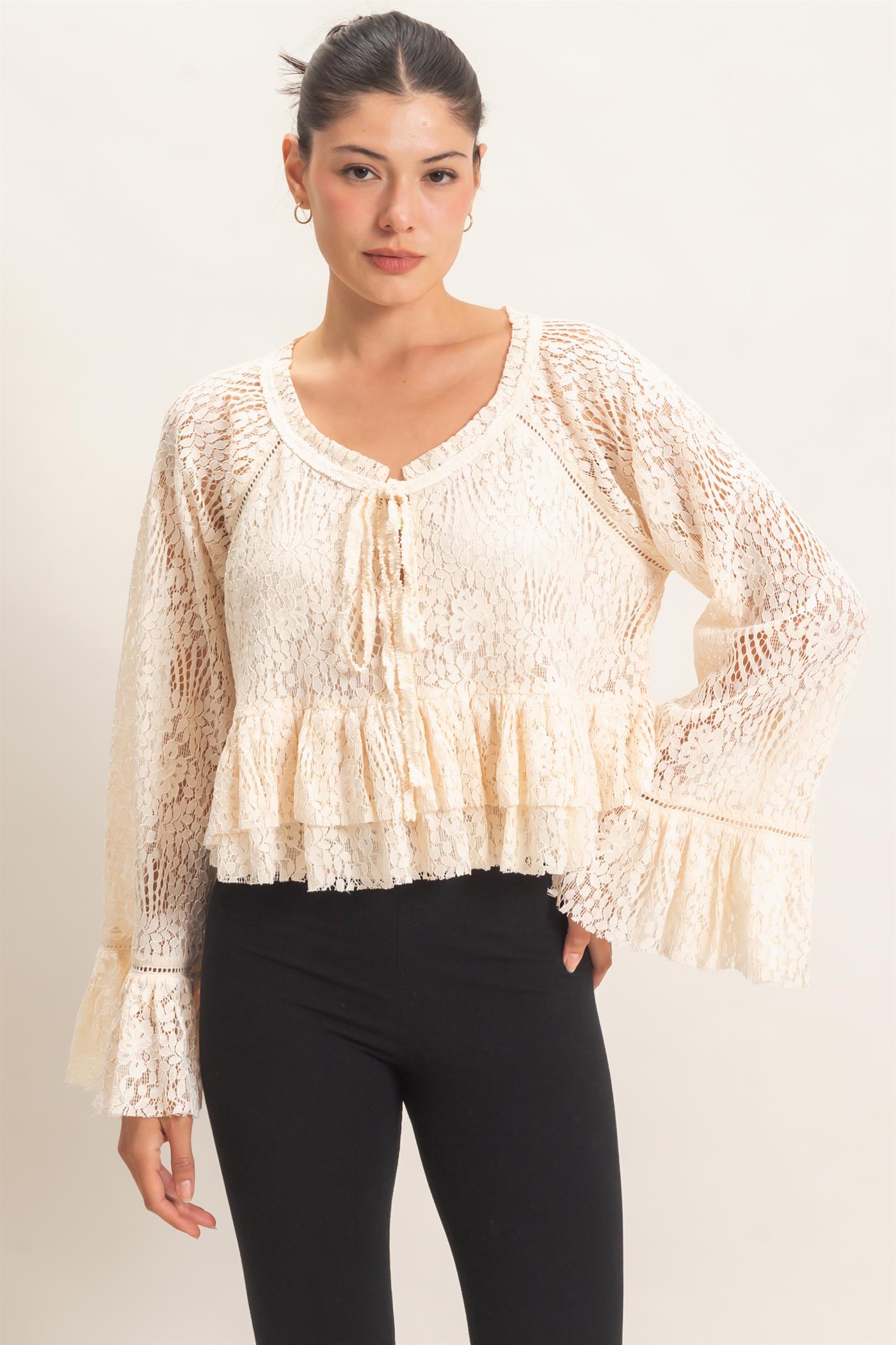 Wholesale Lace Bell Sleeve Top Blouses HF26C768 CREAM HYFVE