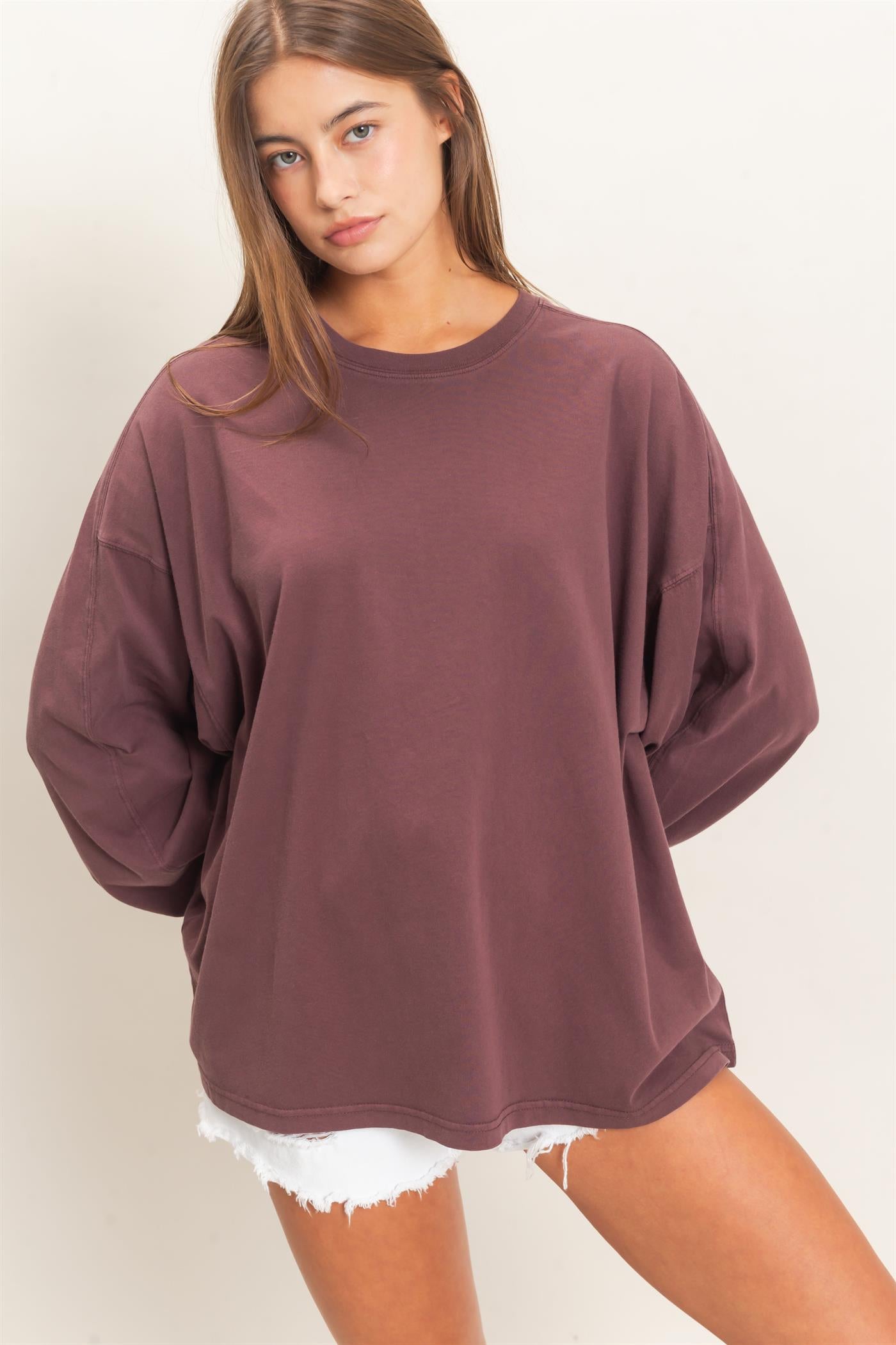 Wholesale Pigment Dye Oversized Long Sleeve Top Clothing Tops DZ26A825 COCOA DOUBLE ZERO