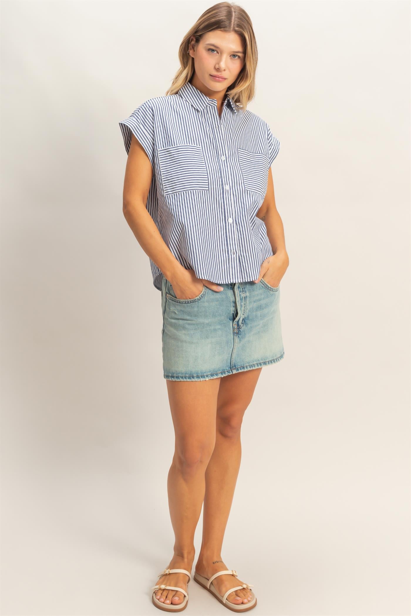 Wholesale Button-Up Striped Shirt Shirts HF26E429-D NAVY HYFVE