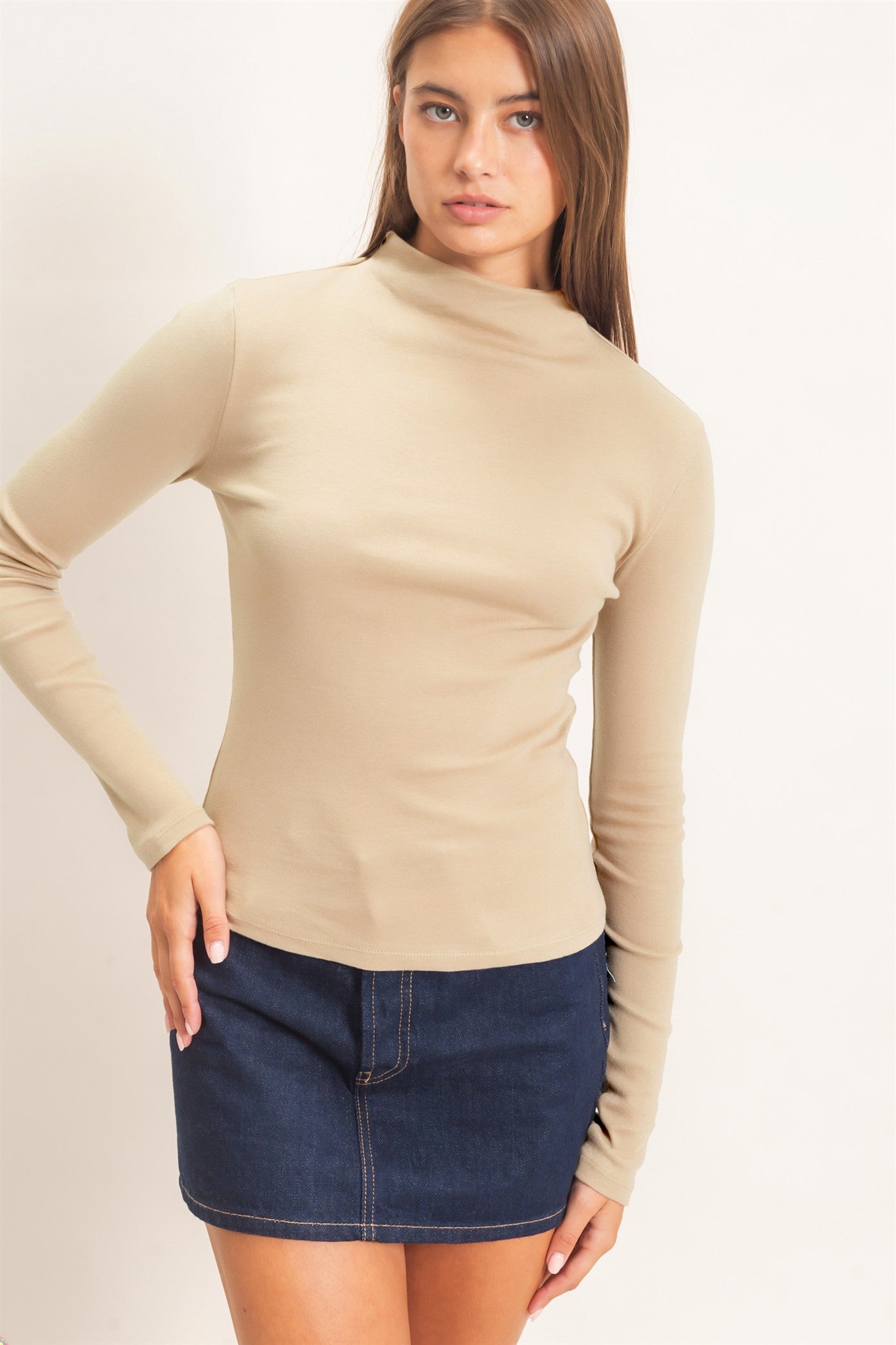 Wholesale Mock Neck Long Sleeve Top Clothing Tops DZ26F281 WARM GRAY DOUBLE ZERO
