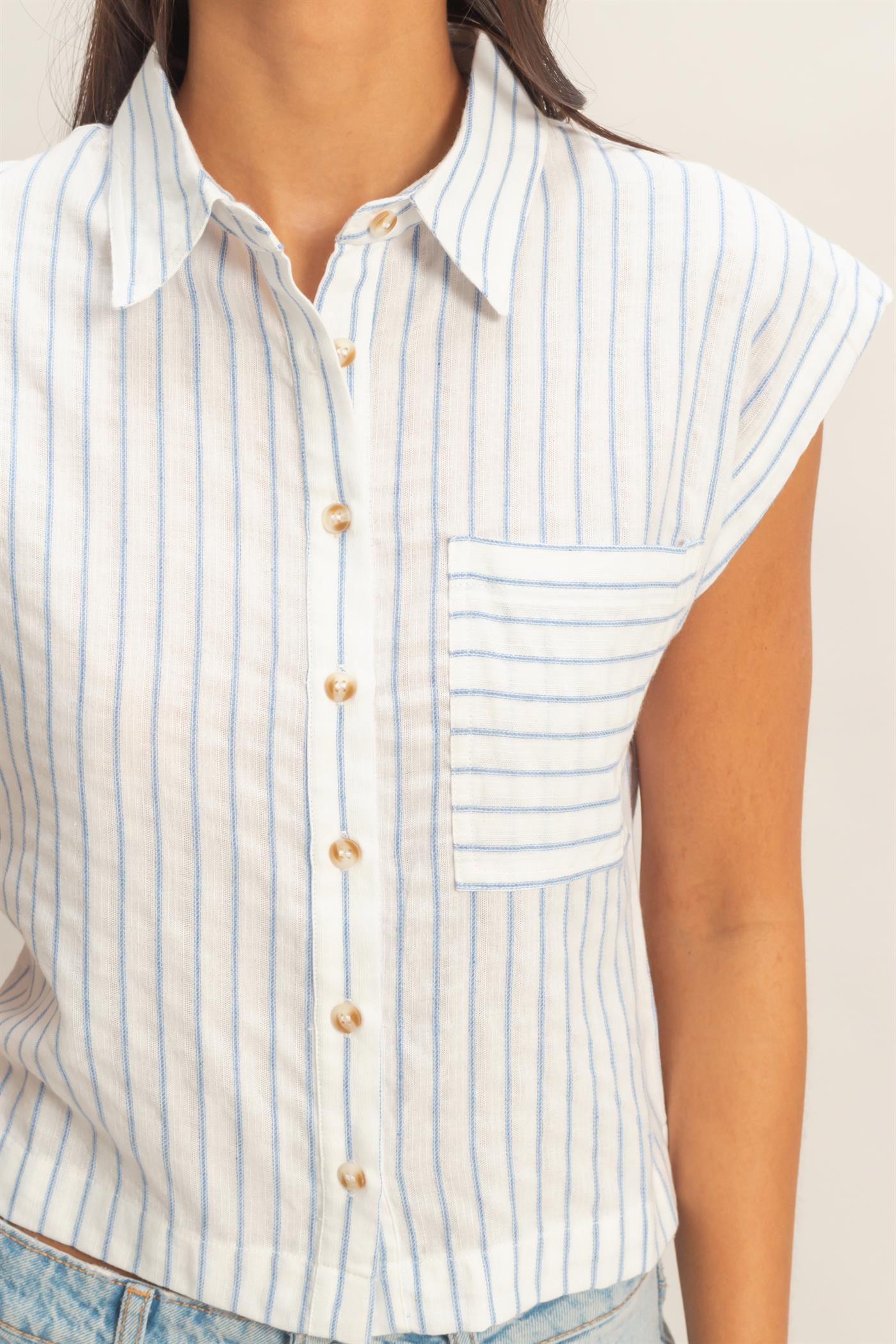 Wholesale Striped Sleeveless Button-Up Shirt Clothing Tops DZ26A206 BLUE DOUBLE ZERO
