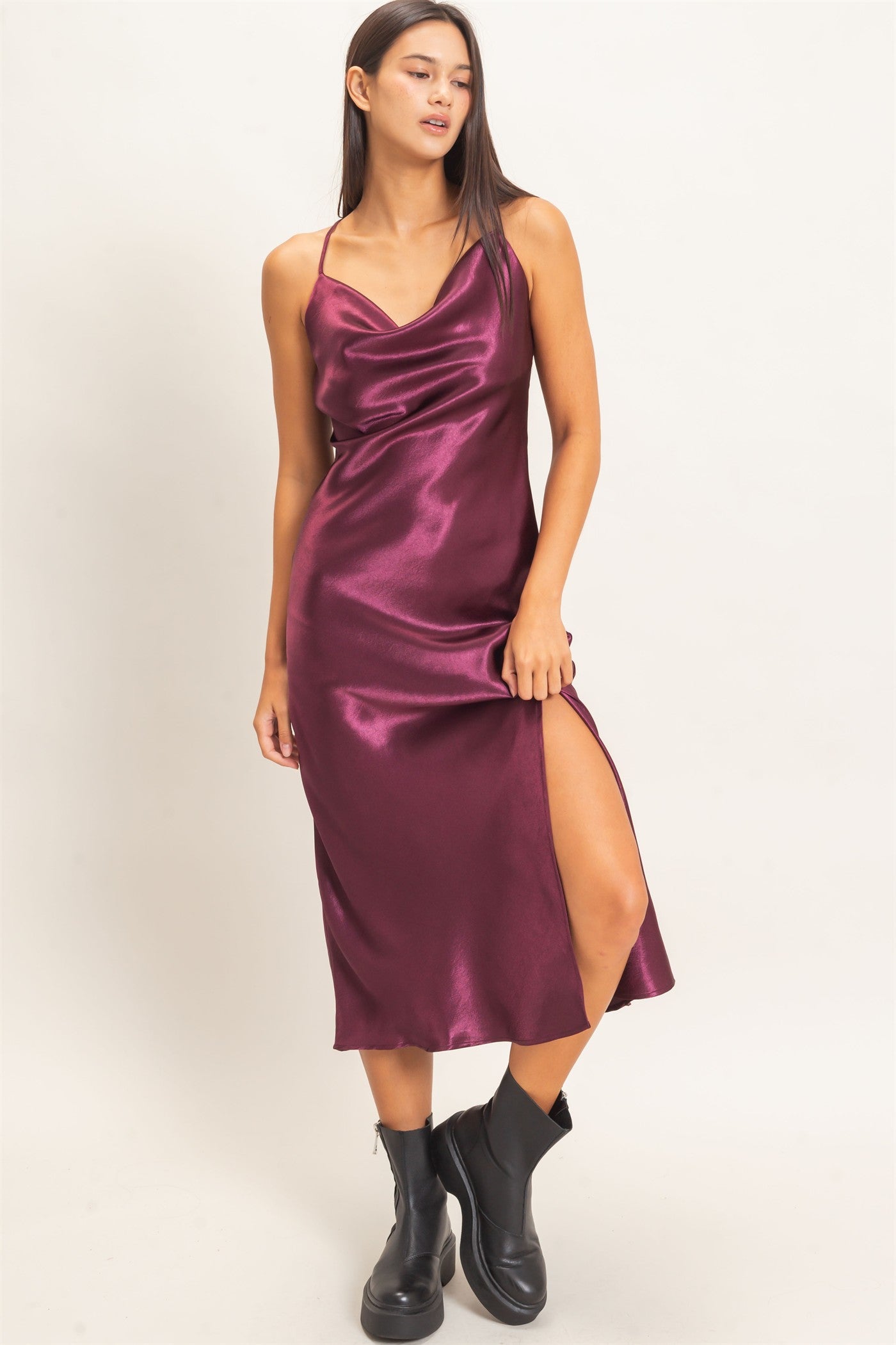 Wholesale Cowl Neck Satin Slip Dress Dresses DZ26E251 DARK CHERRY DOUBLE ZERO