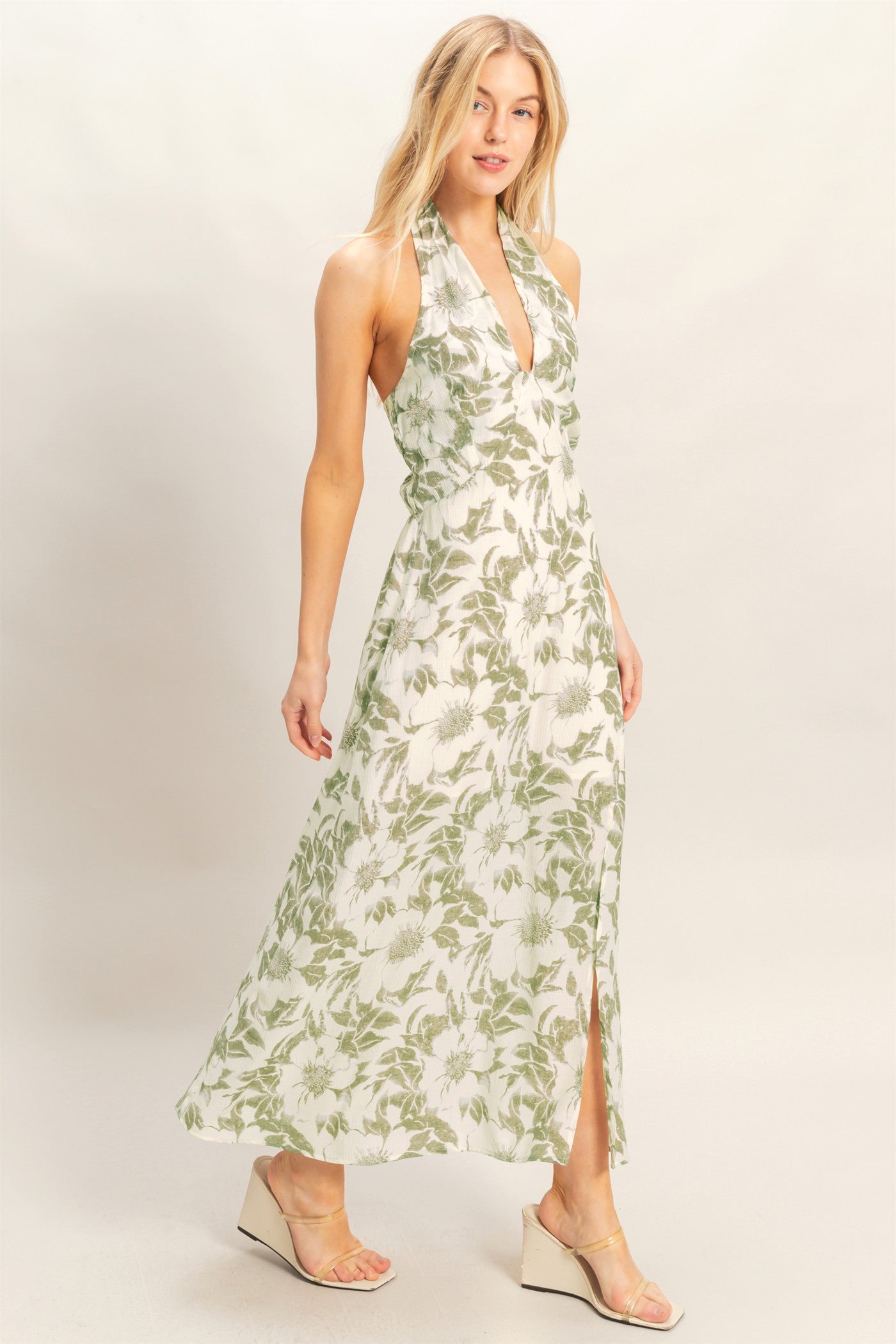 Wholesale Floral Halter Neck Dress Dresses HF26C752 LIGHT OLIVE HYFVE