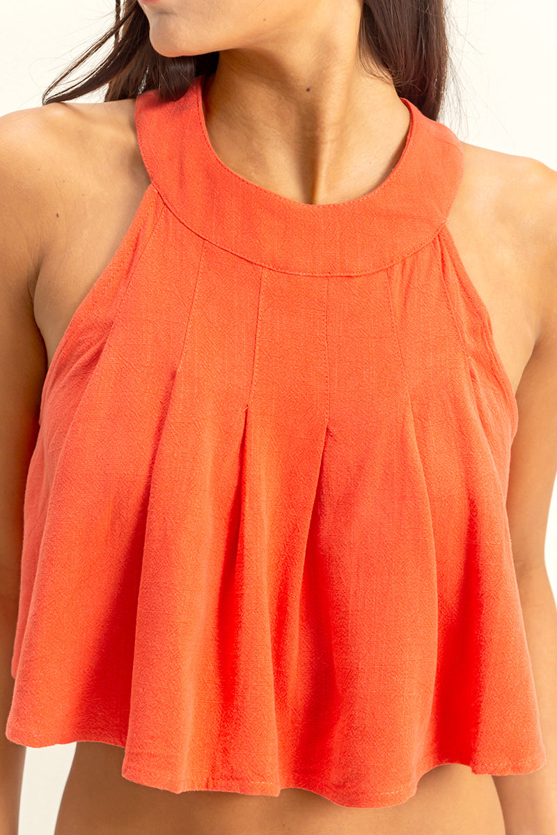 Wholesale Halter Pleated Ruffle Crop Top Clothing Tops HF23C323 ORANGE RED HYFVE
