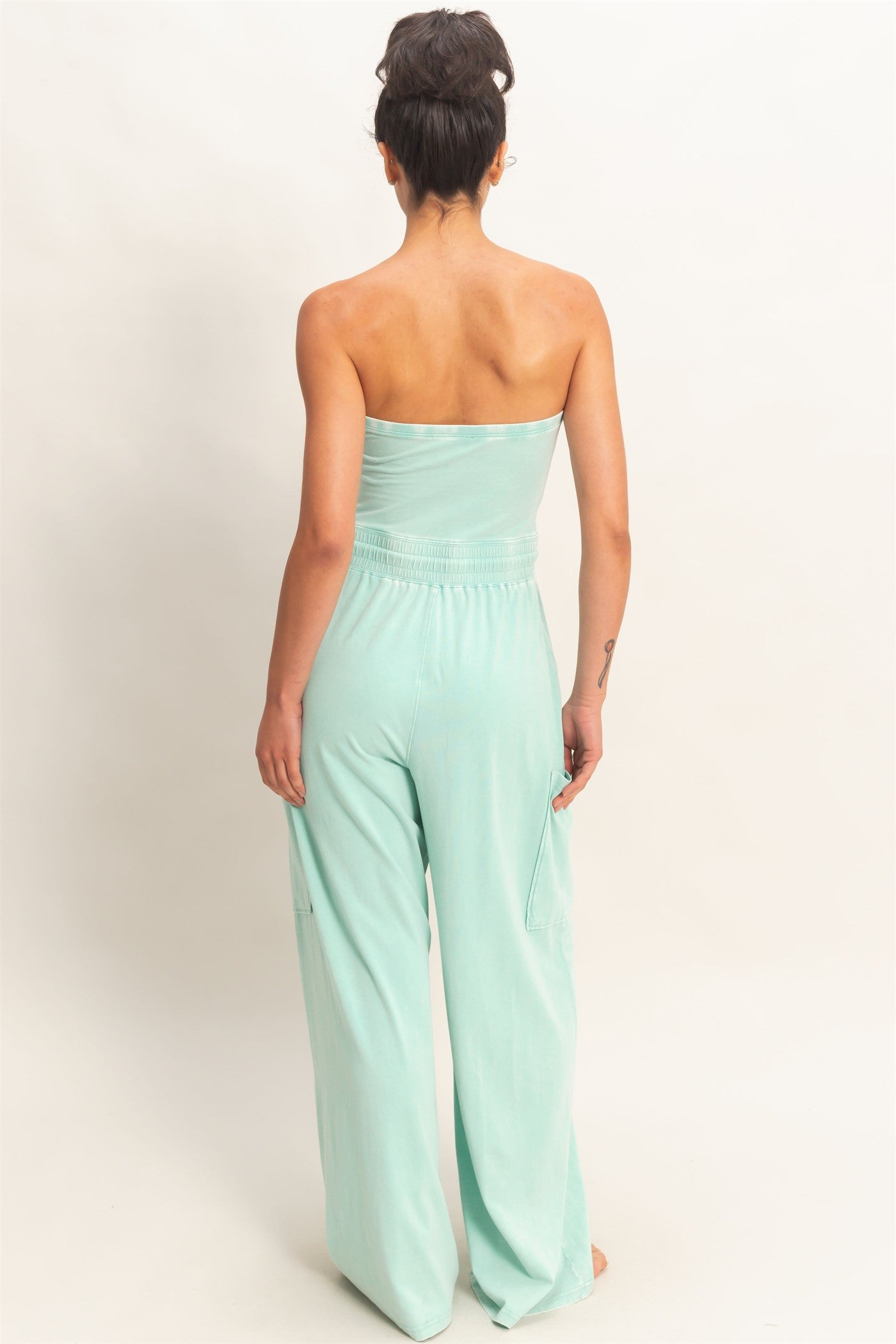 Wholesale Mineral Wash Strapless Wide-Leg Jumpsuit Clothing DZ26C376 TURQUOISE DOUBLE ZERO