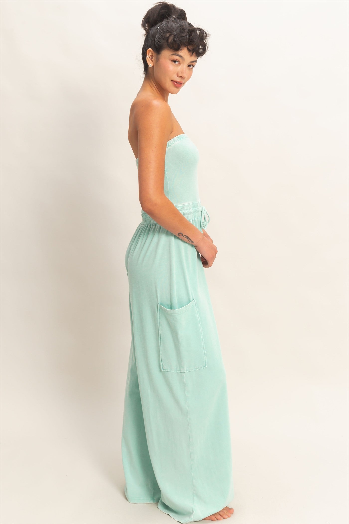 Wholesale Mineral Wash Strapless Wide-Leg Jumpsuit Clothing DZ26C376 TURQUOISE DOUBLE ZERO