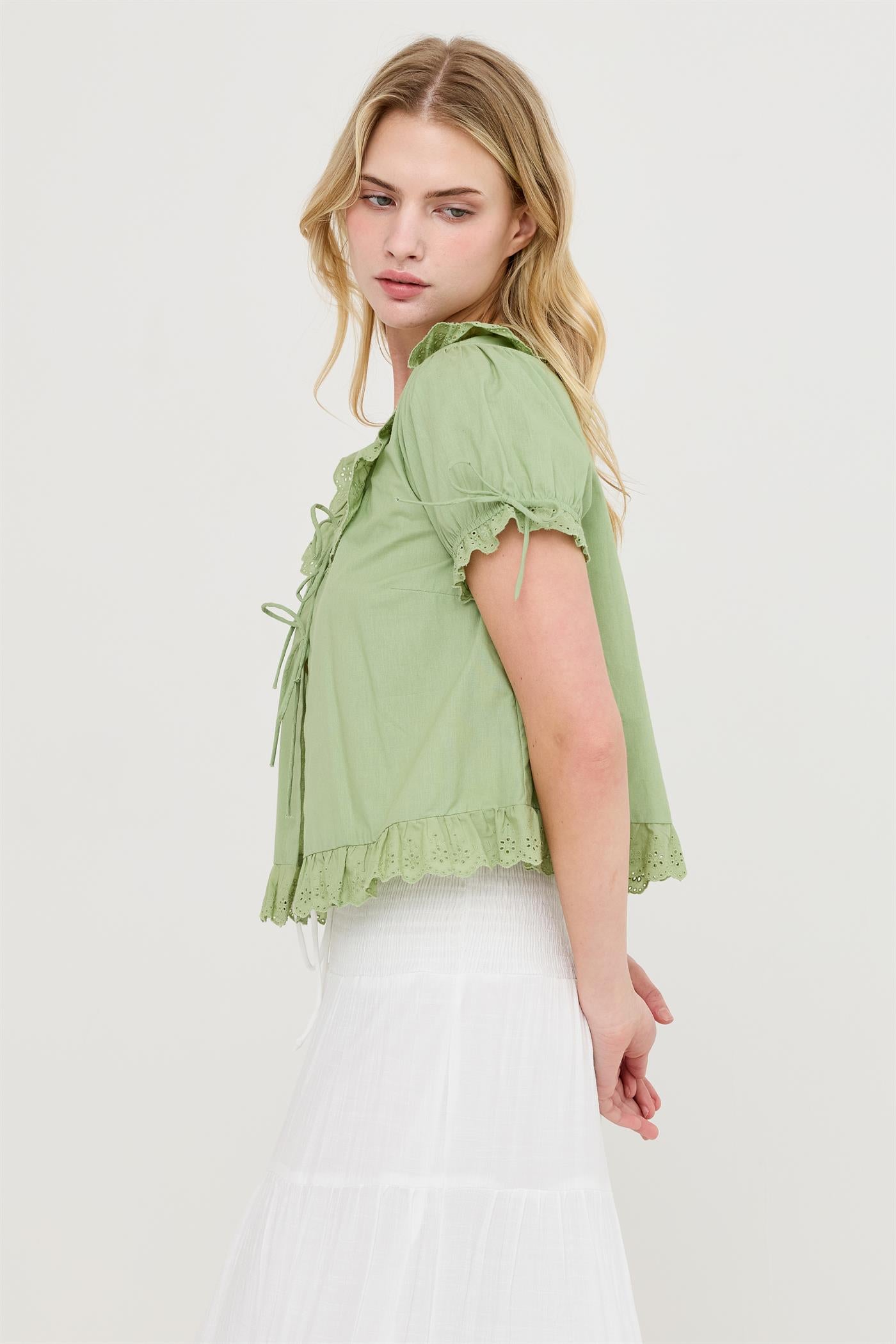 Wholesale Lace Trim Peasant Top Blouses HF26C137 LIGHT OLIVE HYFVE