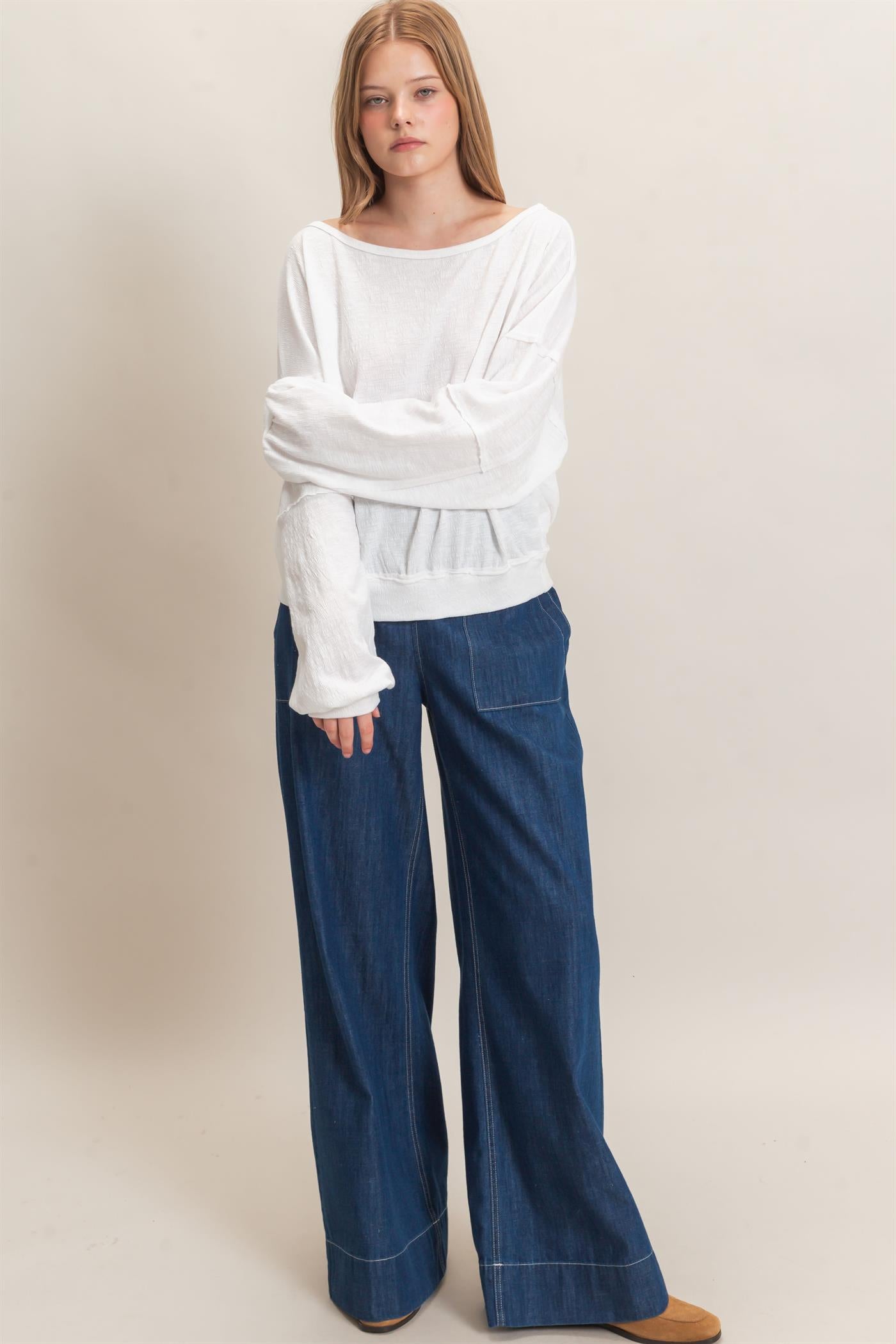 Wholesale Relaxed Boat Neck Long Sleeve Top Clothing Tops HF25F340 WHITE HYFVE