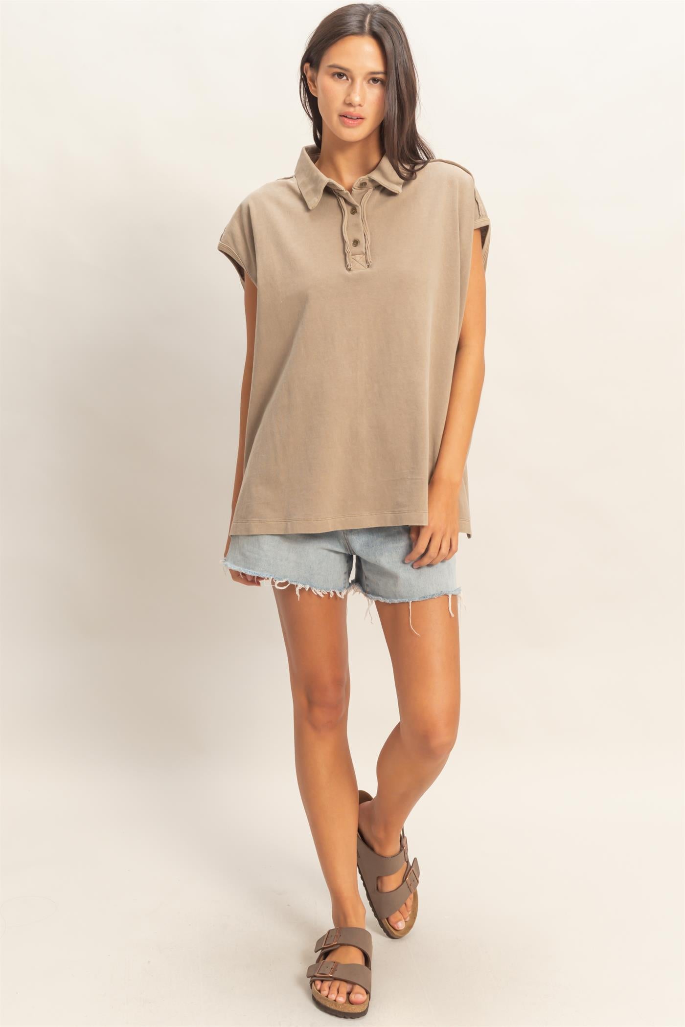 Wholesale Pigment Dye Sleeveless Polo Oversized Top Clothing Tops DZ26C618 MOCHA DOUBLE ZERO