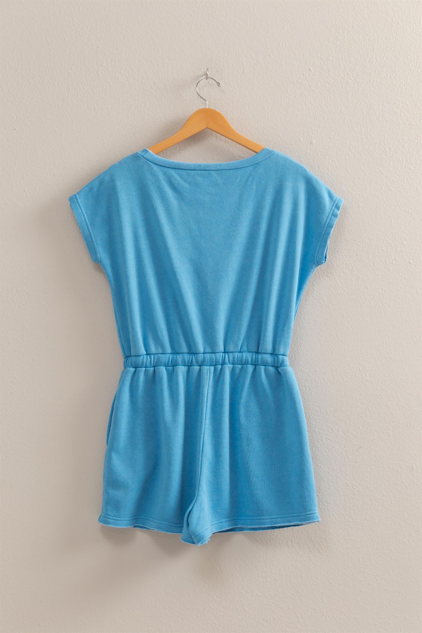 Wholesale Cap Sleeve Drawstring Waist Romper Clothing DZ25A782 BLUE DOUBLE ZERO
