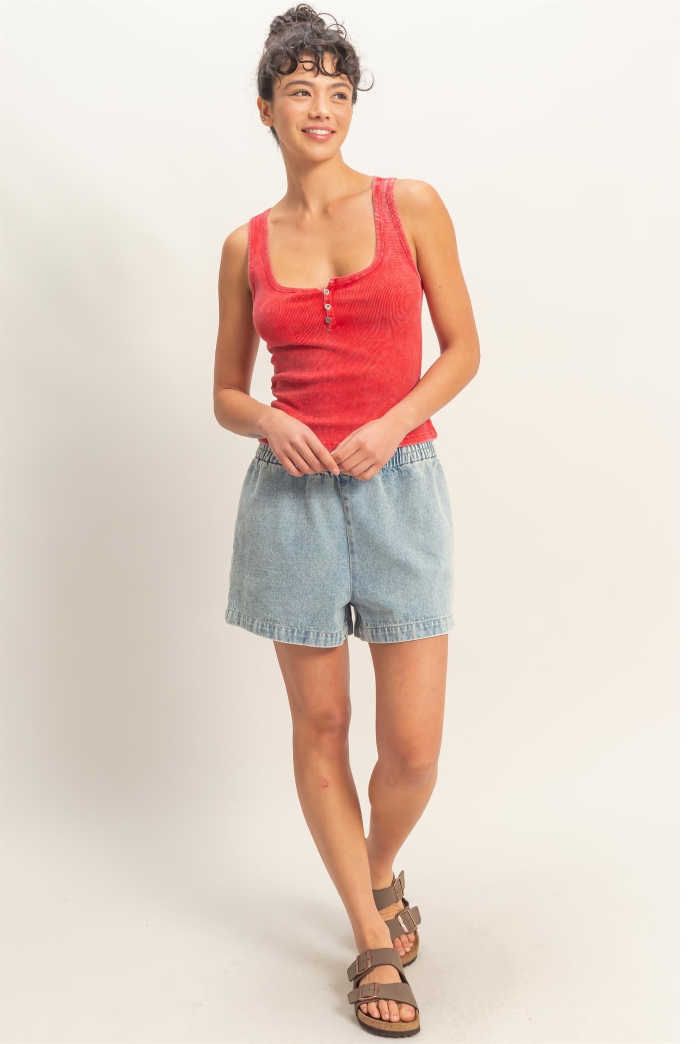 Wholesale Acid Washed Henley Ribbed Tank Top Tank Tops DZ26C661 RED DOUBLE ZERO