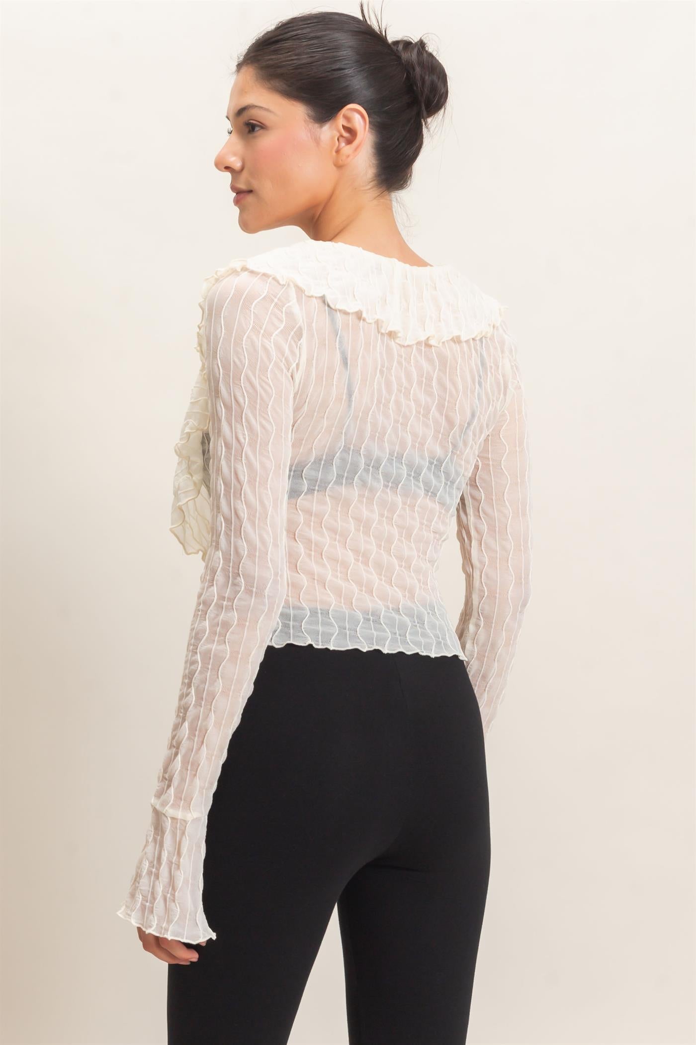 Wholesale Textured V-Neck Tie Front Top Blouses HF26F072 IVORY HYFVE