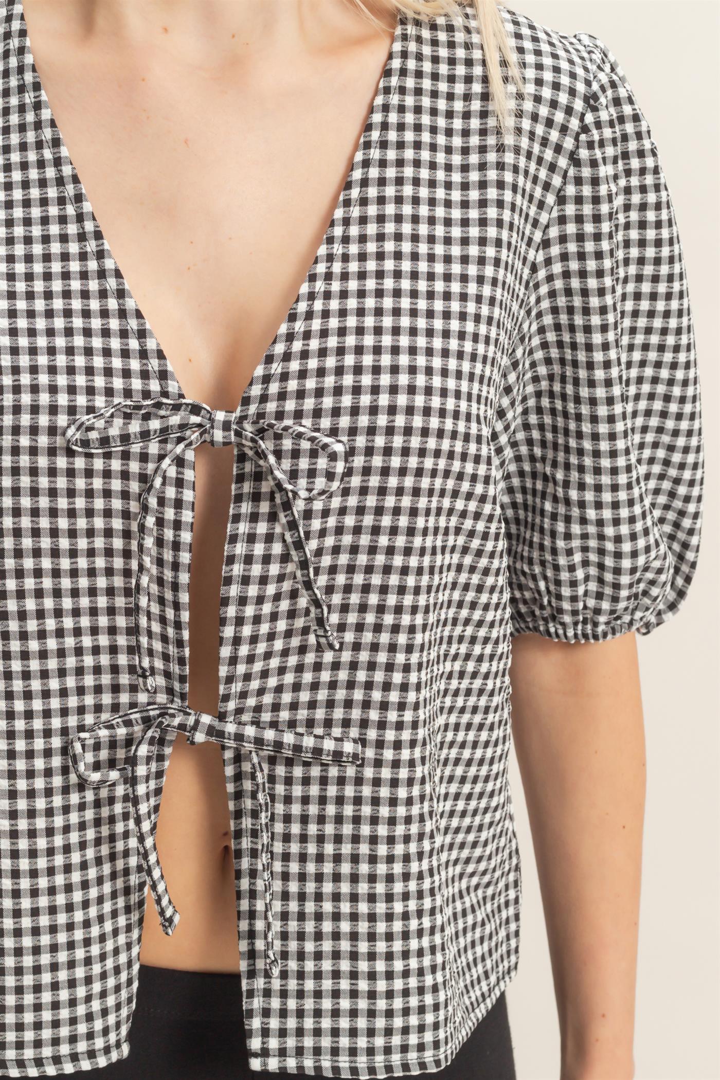 Wholesale Gingham Bow Tie Puff Sleeve Blouse Blouses DZ26C229 BLACK DOUBLE ZERO