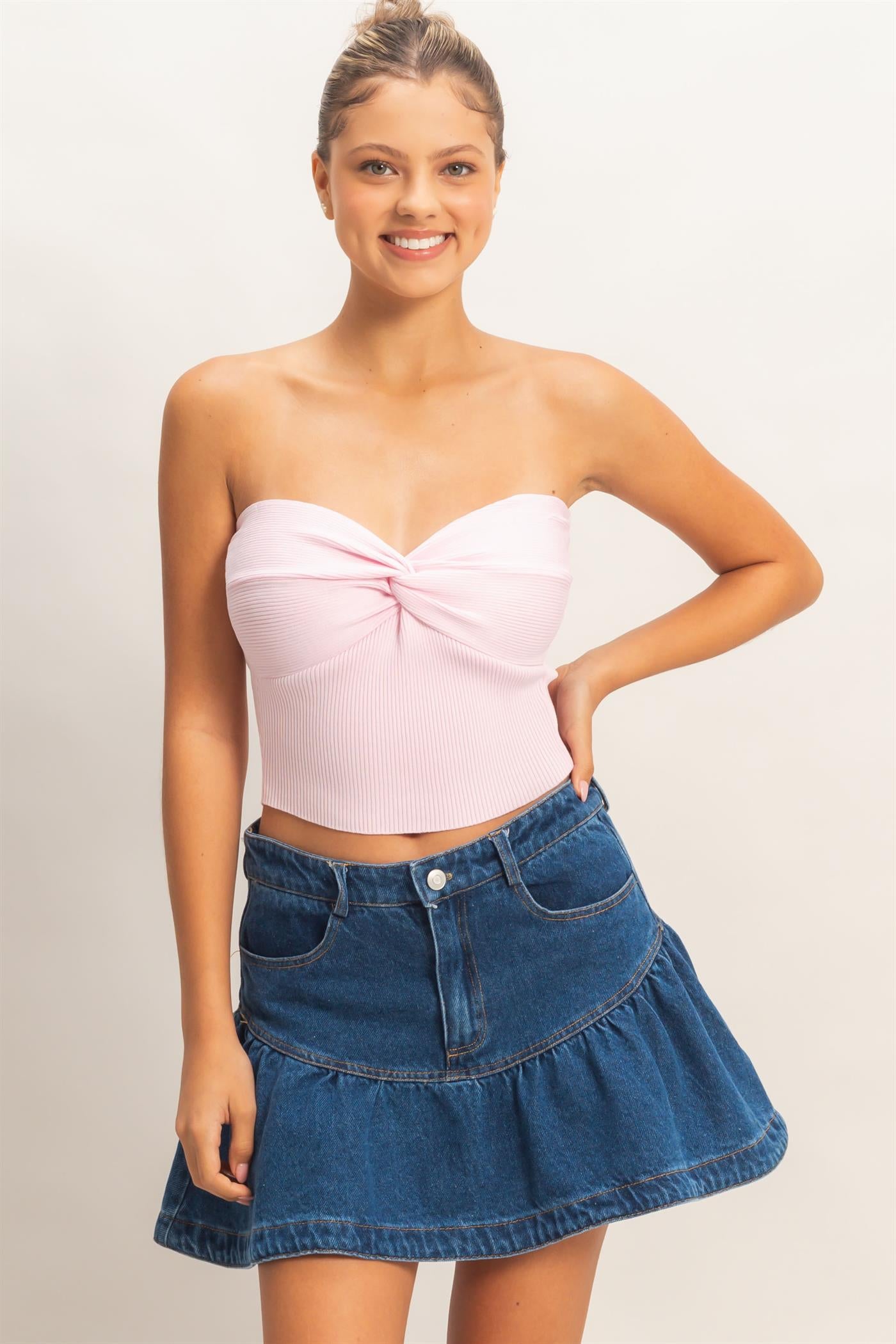 Wholesale Ribbed Knot Bustier Top Clothing Tops DZ26A308 SOFT PINK DOUBLE ZERO