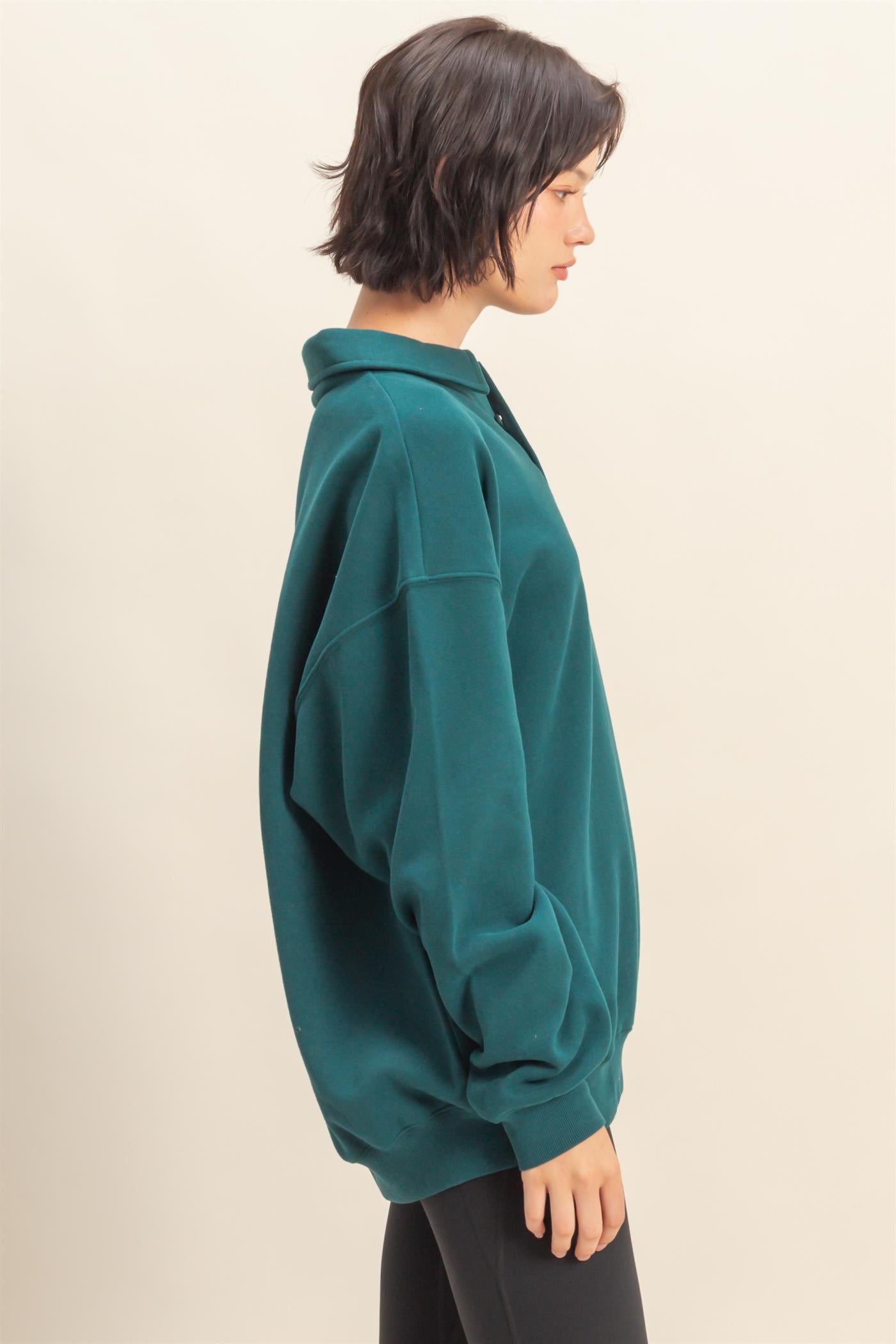 Wholesale Oversized Polo Collared Pullover Sweatshirts DZ25F074 DEEP GREEN DOUBLE ZERO