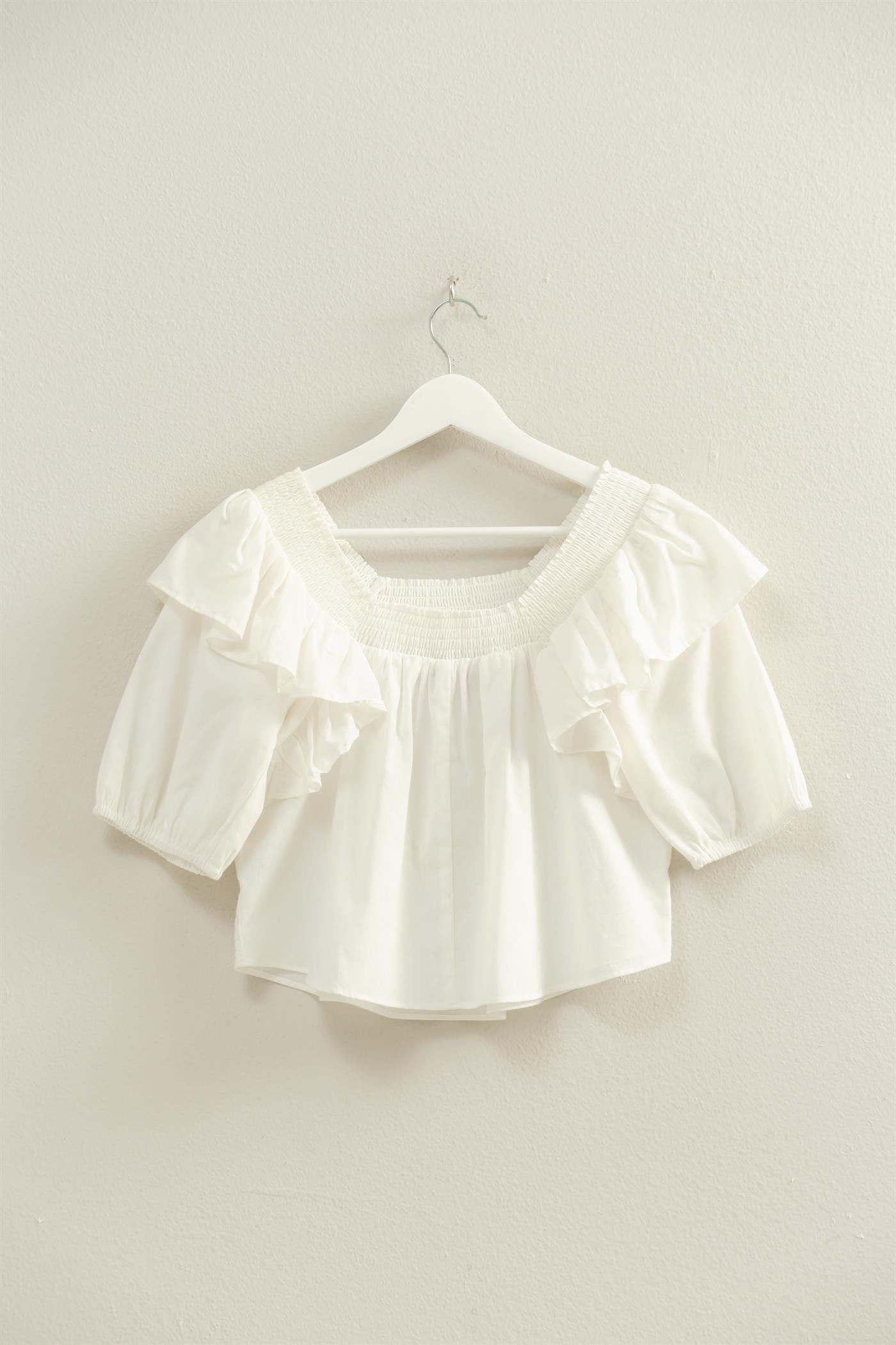 Wholesale Ruffled Short Sleeve Top Clothing Tops HF22C757 OFF WHITE HYFVE