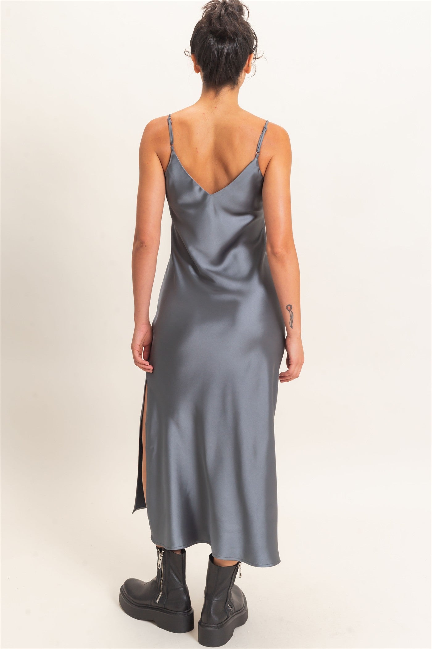 Wholesale Satin V-Neck Slip Dress Dresses DZ26E262 DARK GRAY DOUBLE ZERO