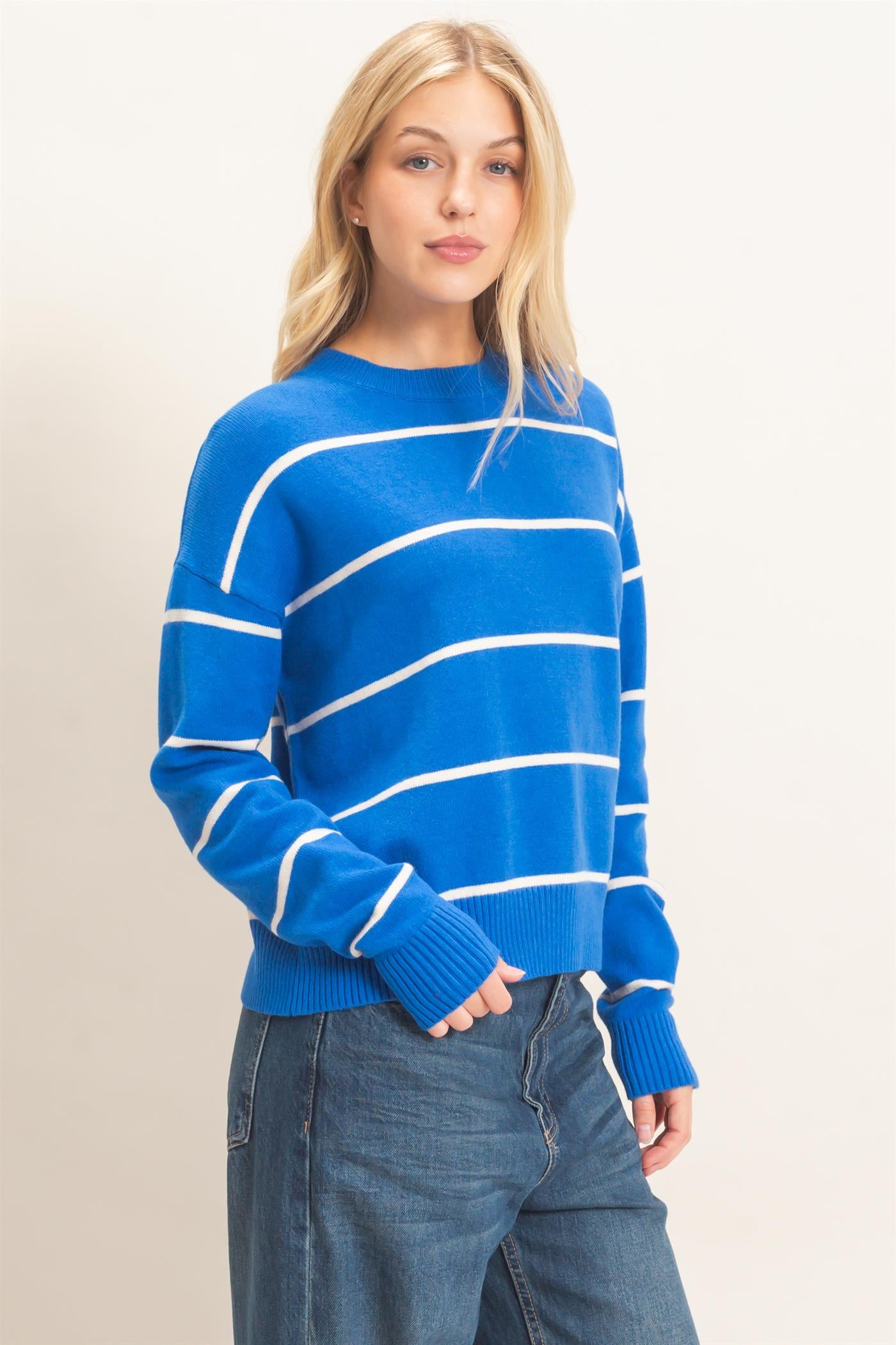 Wholesale Striped Ribbed Crew Neck Sweater Sweaters HF26F169 BLUE HYFVE