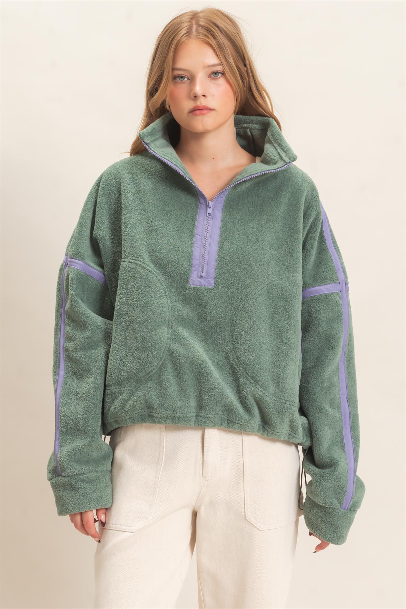 Wholesale Contrast Trim Half-Zip Fleece Pullover Outerwear HF26F206-D PISTACHIO HYFVE